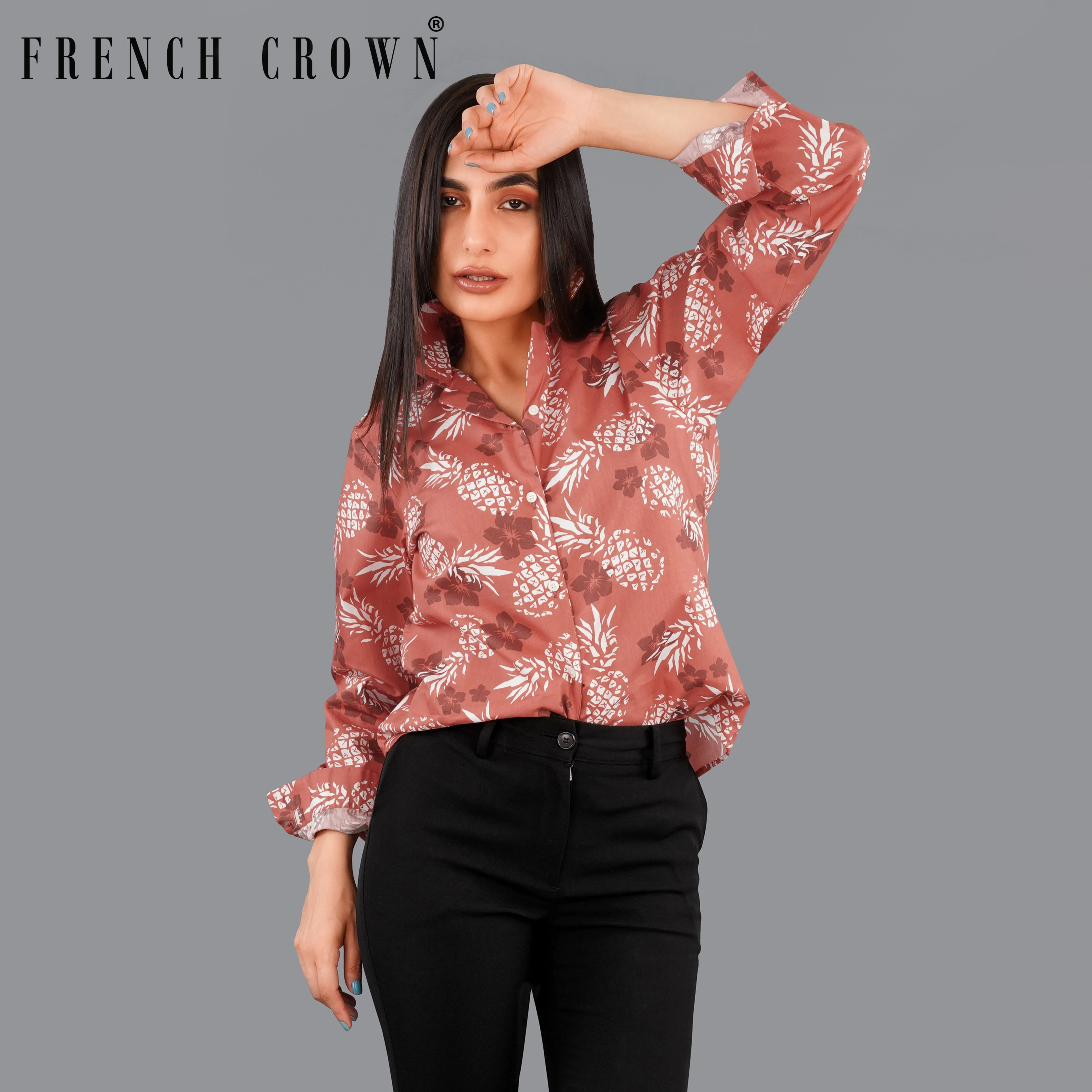 Antique Peach Pineapple Printed Premium Cotton Shirt