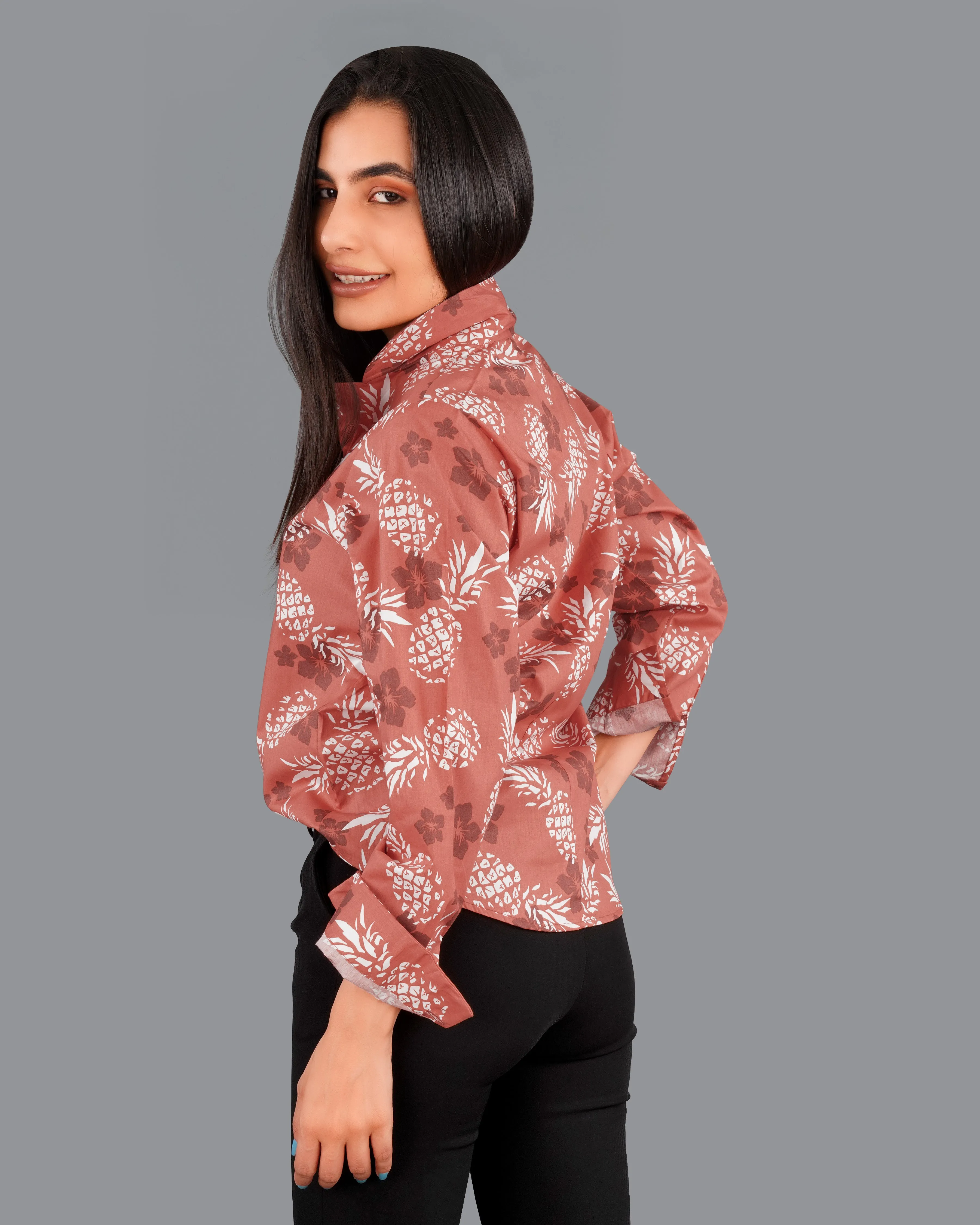 Antique Peach Pineapple Printed Premium Cotton Shirt