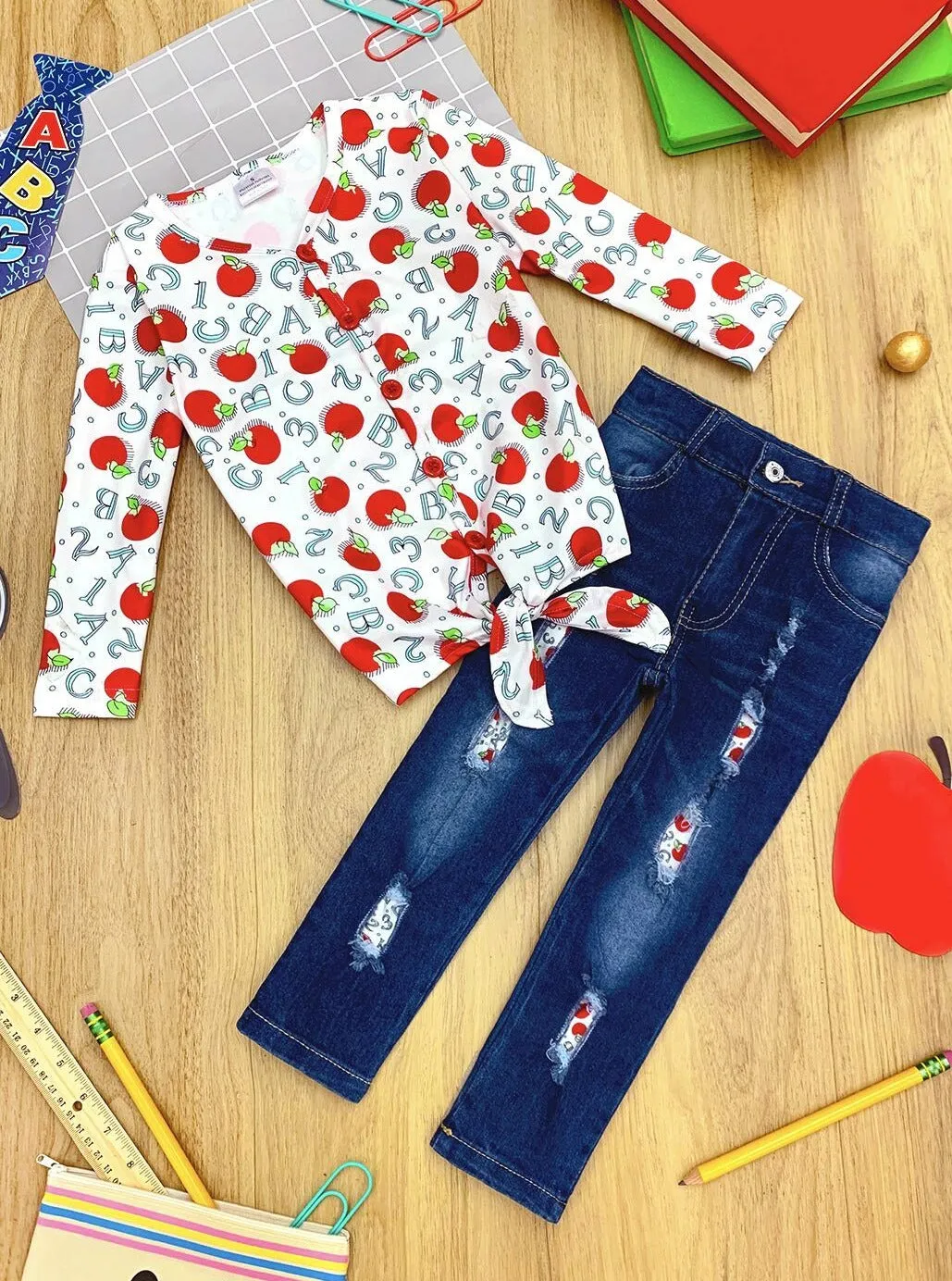 Apple Cutie Patched Jeans Set