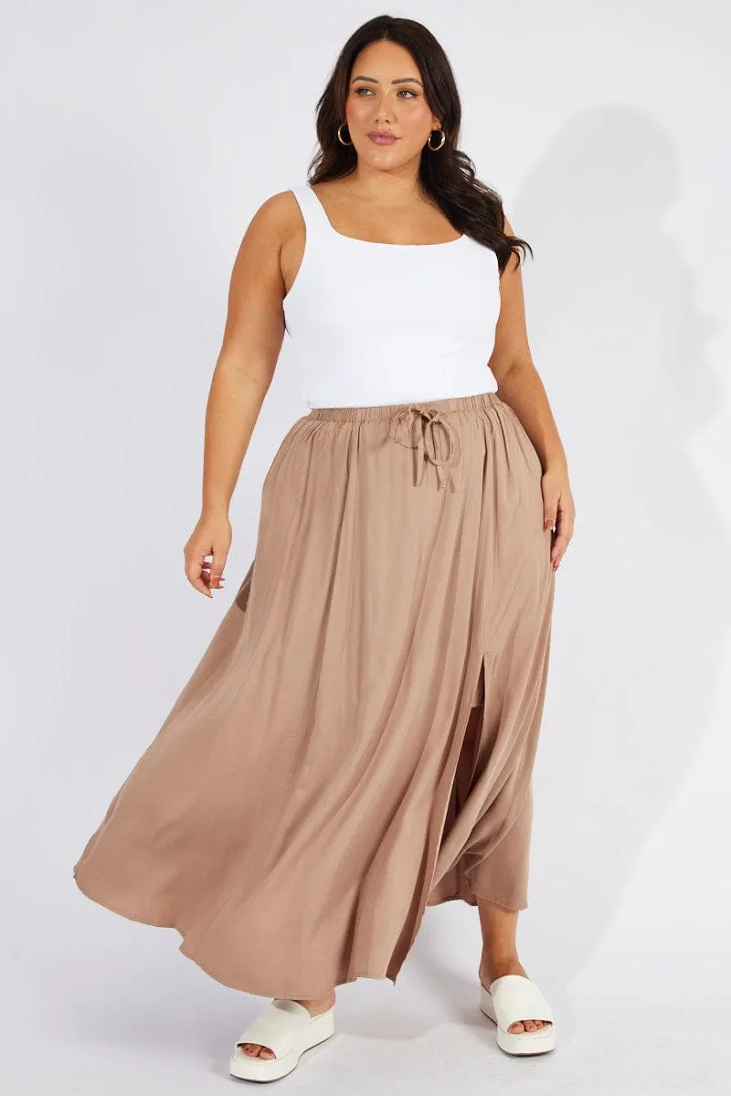 Beige Drawstring Waist Maxi Skirt