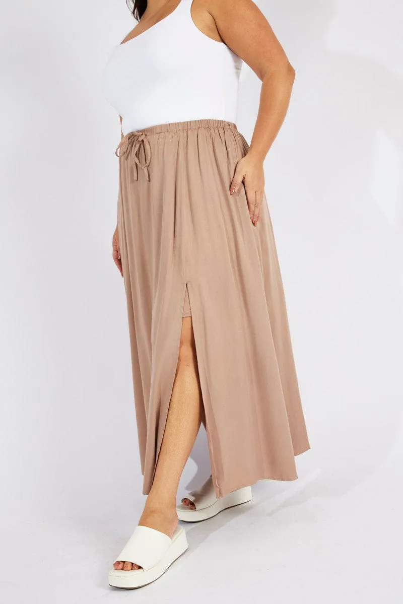 Beige Drawstring Waist Maxi Skirt