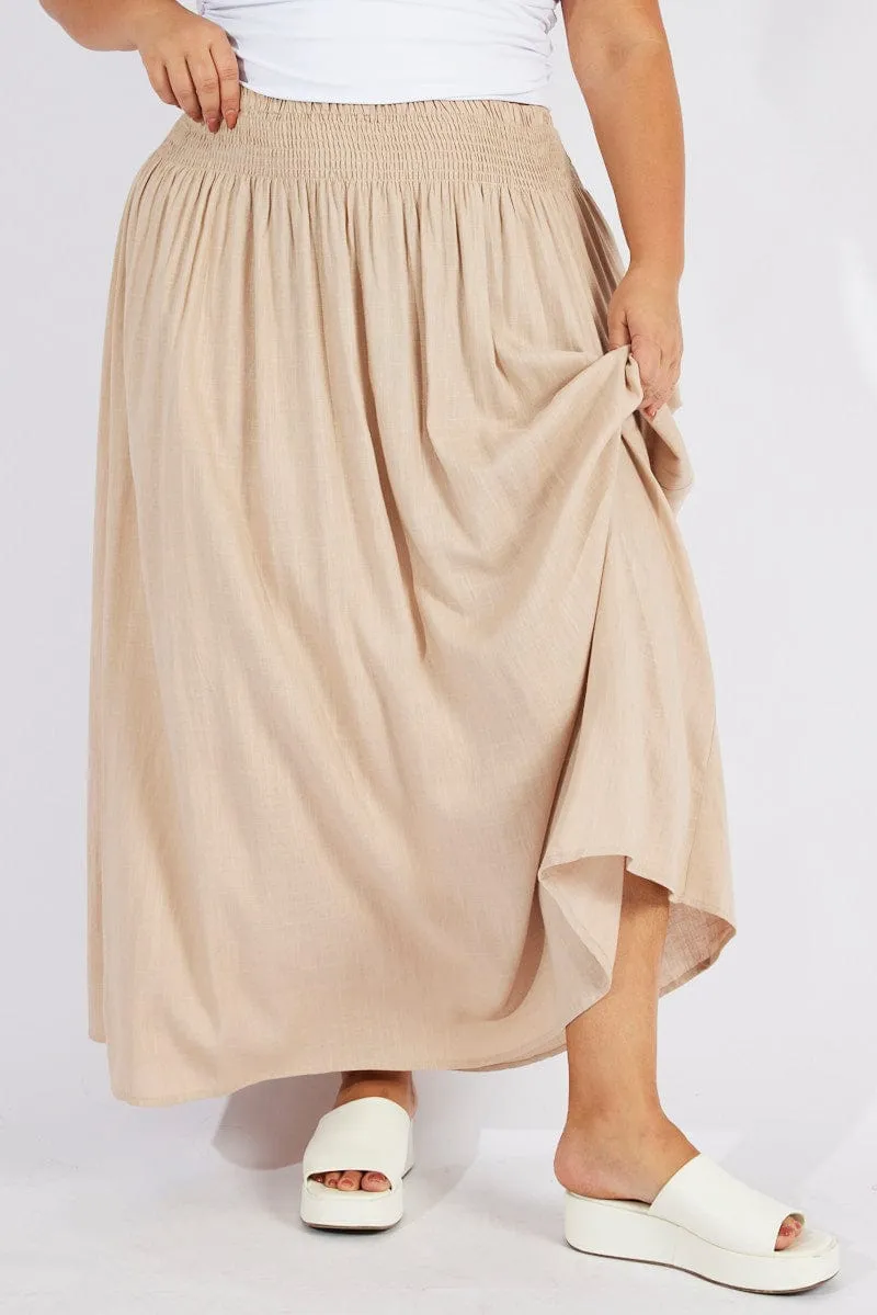 Beige Shirred Linen Blend Maxi Skirt