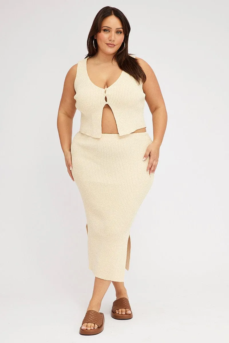 Beige Textured Knit Midi Skirt