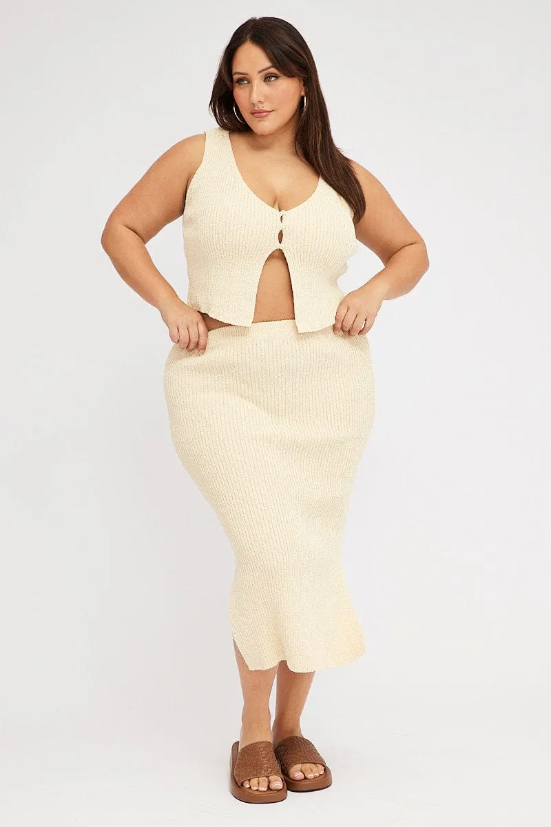 Beige Textured Knit Midi Skirt