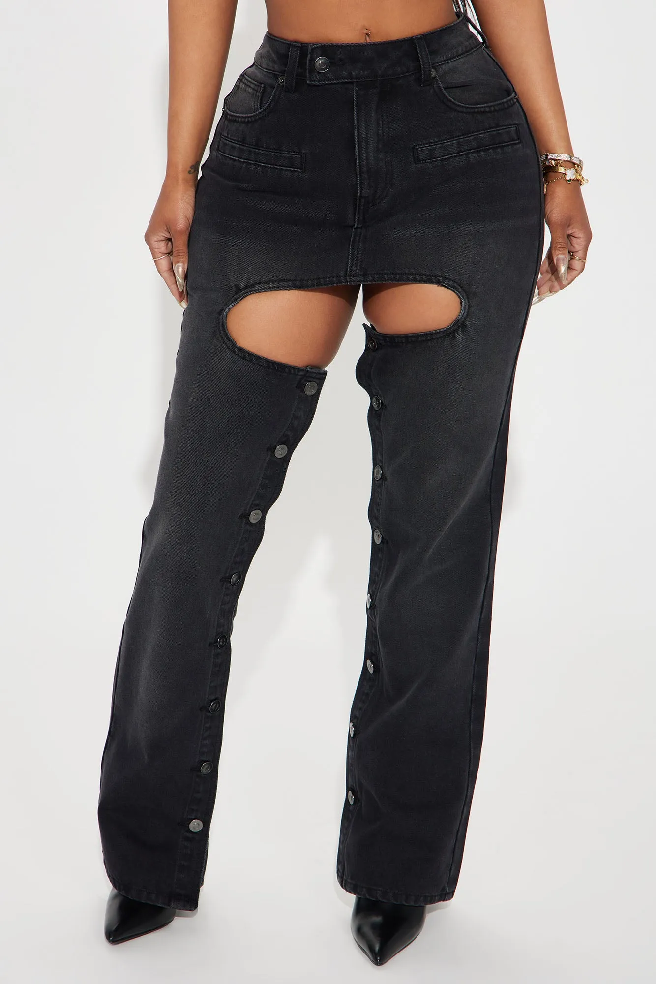 Brandi Button Up Straight Leg Jeans - Black Wash