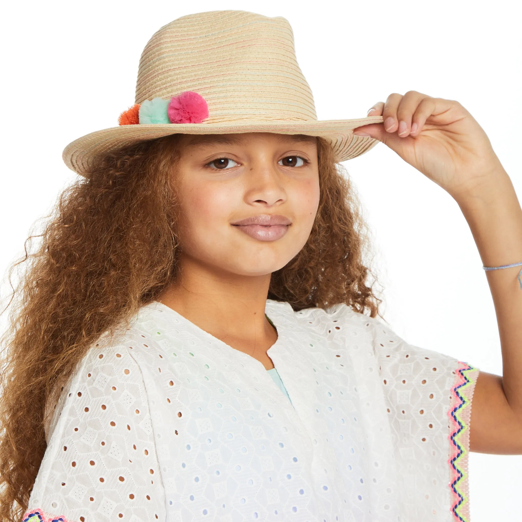 Colorful Pom Pom Sun Hat (Size 2-4 Years) | Beige