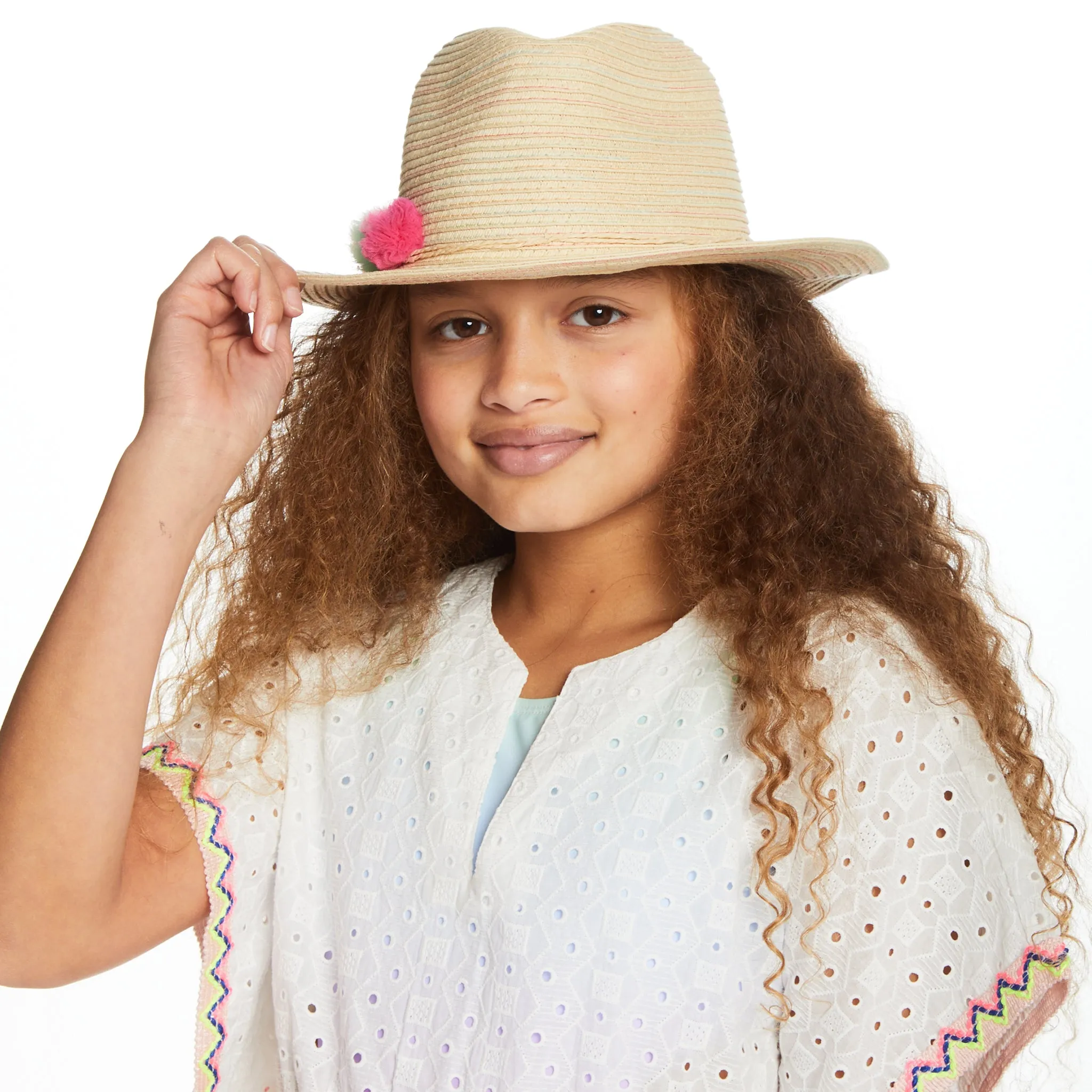 Colorful Pom Pom Sun Hat (Size 2-4 Years) | Beige