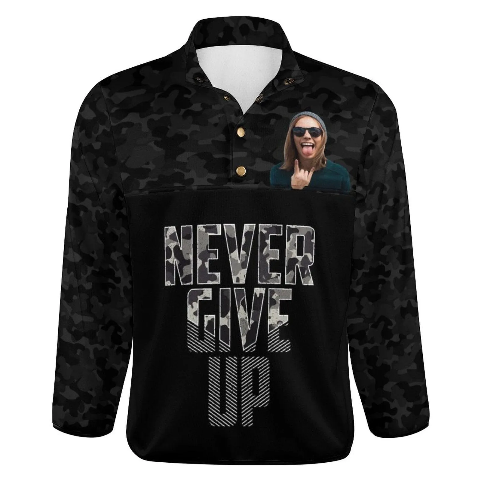 Custom Face&Name Black Camouflage Loose Sweatshirts Personalized Men's Stand Collar Sweatshirts