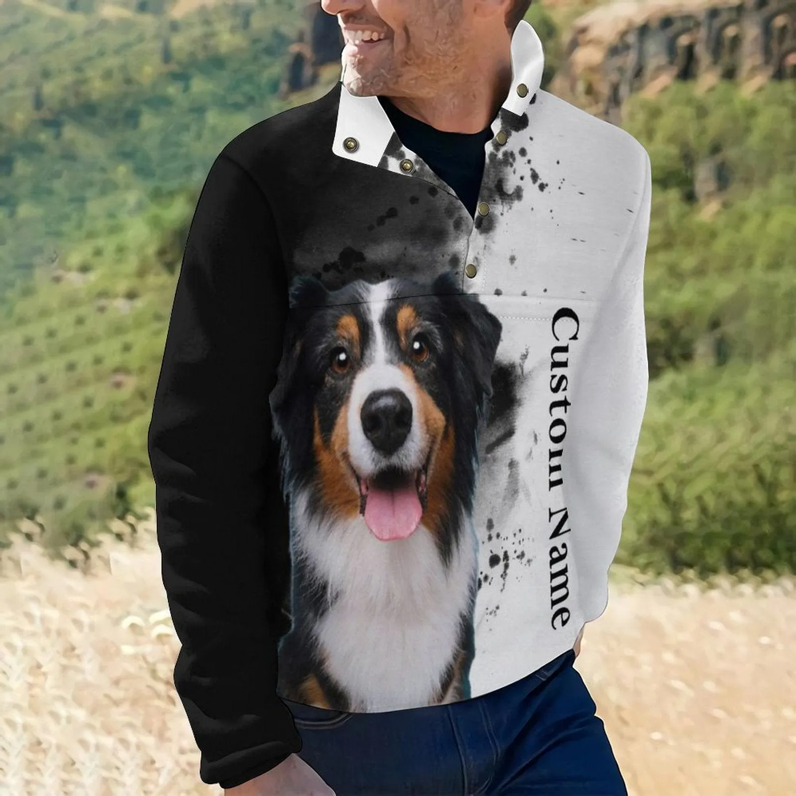 Custom Face&Name Pet Dog Black and White Loose Sweatshirts Personalized Men's Stand Collar Sweatshirts