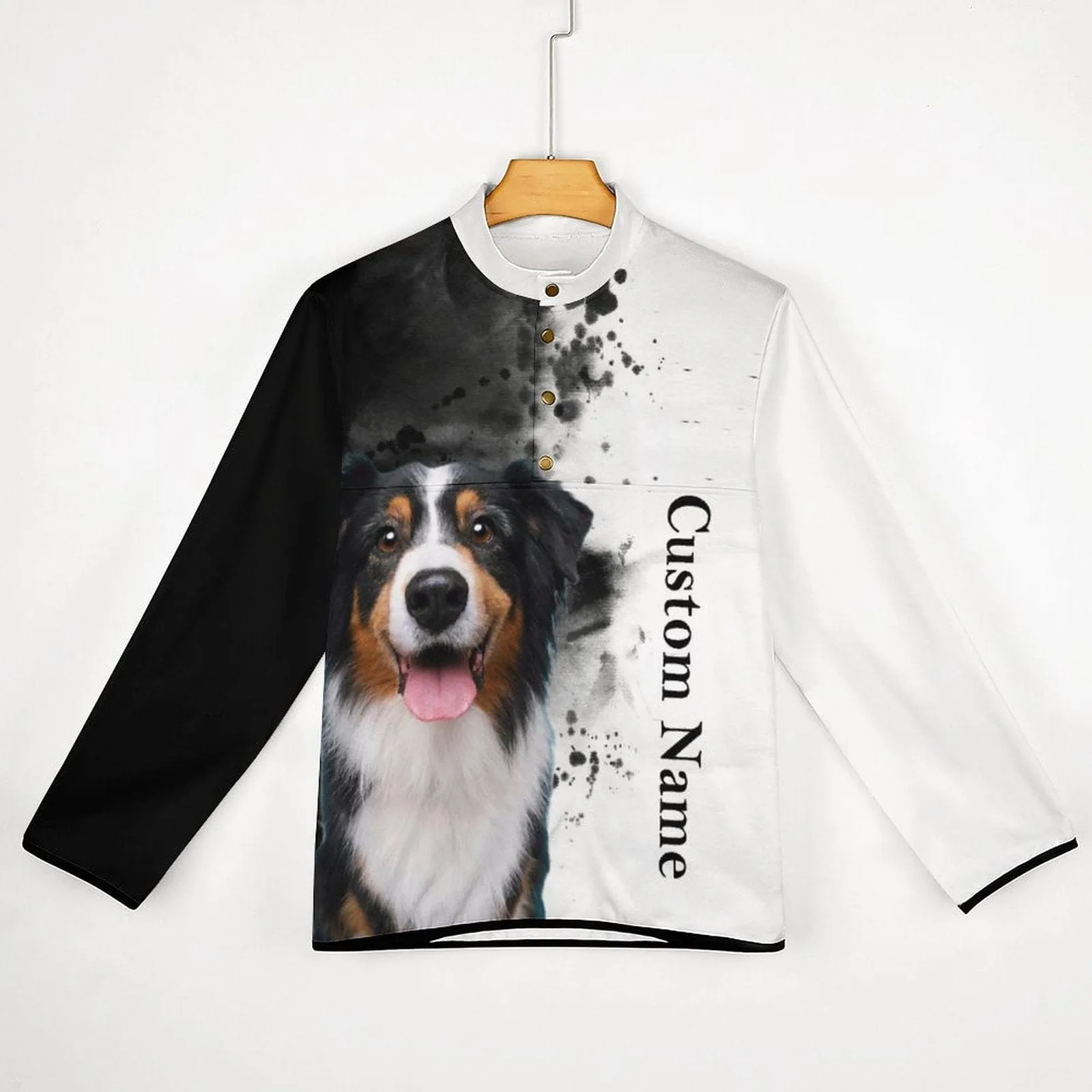 Custom Face&Name Pet Dog Black and White Loose Sweatshirts Personalized Men's Stand Collar Sweatshirts