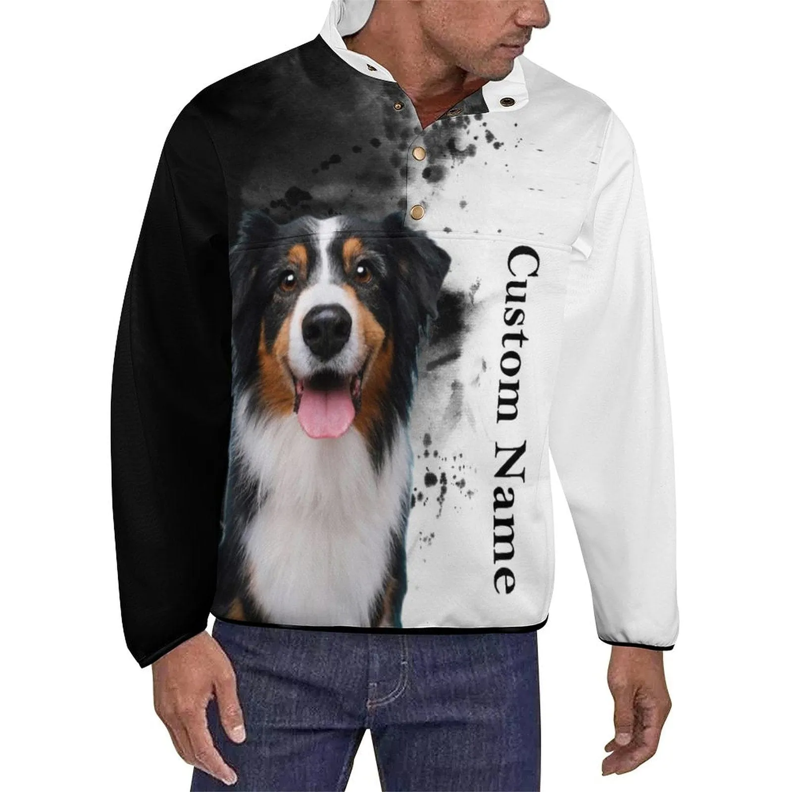 Custom Face&Name Pet Dog Black and White Loose Sweatshirts Personalized Men's Stand Collar Sweatshirts