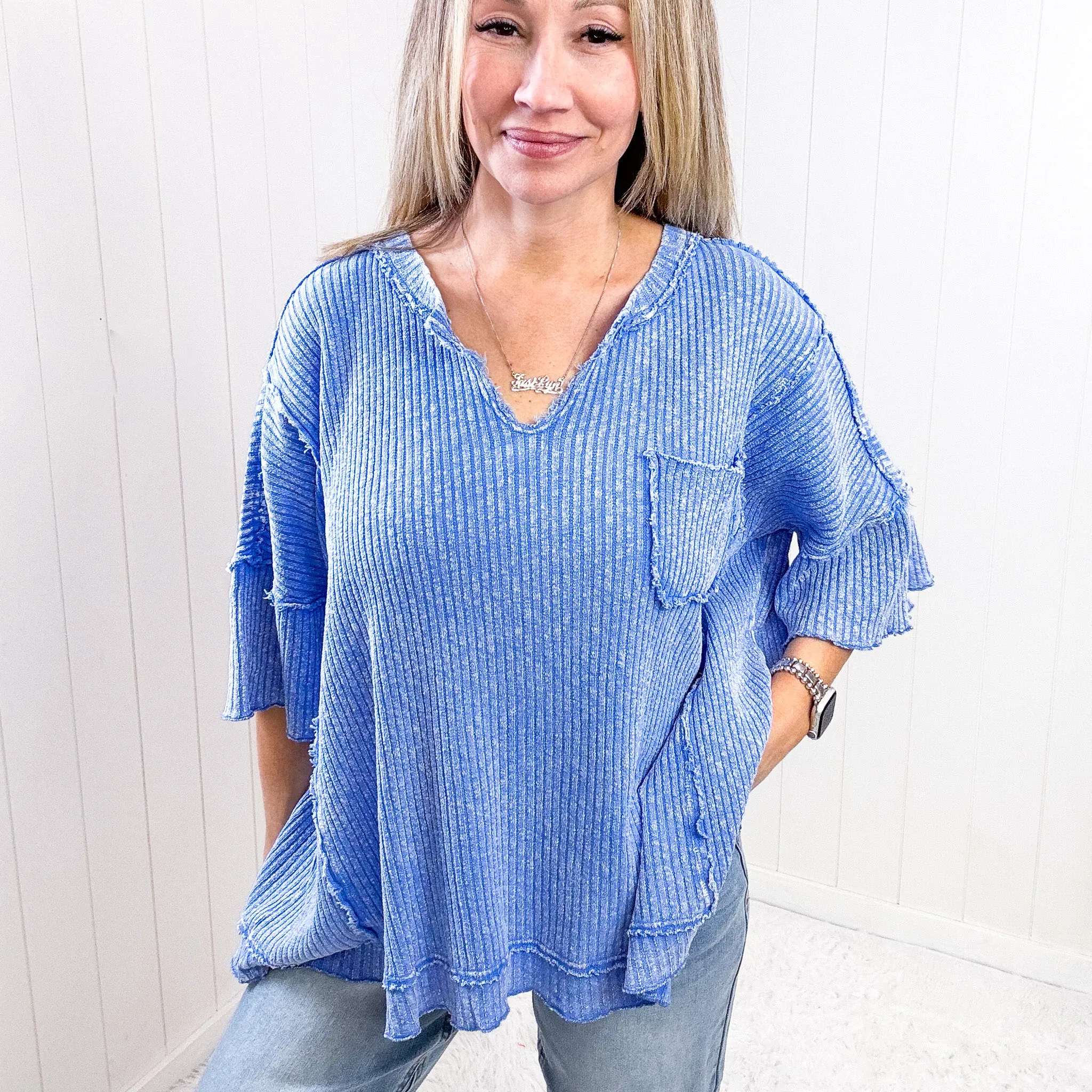 Easel Peri Blue Oversized Boxy Wide Ribbed Short Sleeve Top