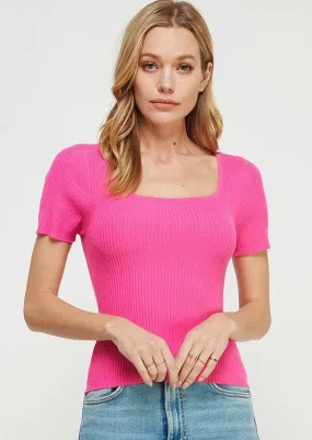 FINAL SALE - Hot Pink Square Neck Ribbed Top