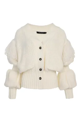 FRINGES POUF SLEEVE CARDIGAN IN IVORY