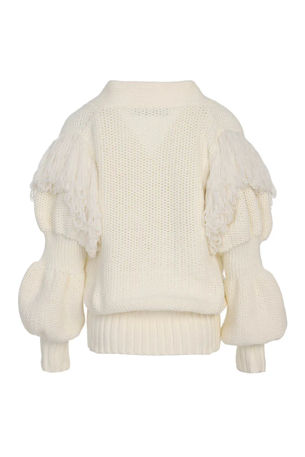 FRINGES POUF SLEEVE CARDIGAN IN IVORY