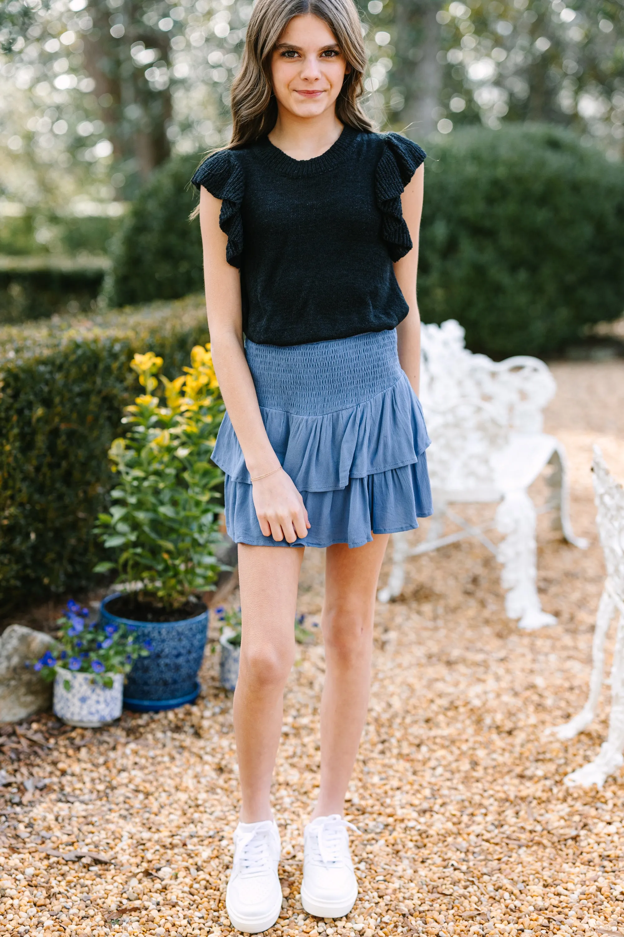 Girls: Spend Some Time Denim Blue Tiered Skort