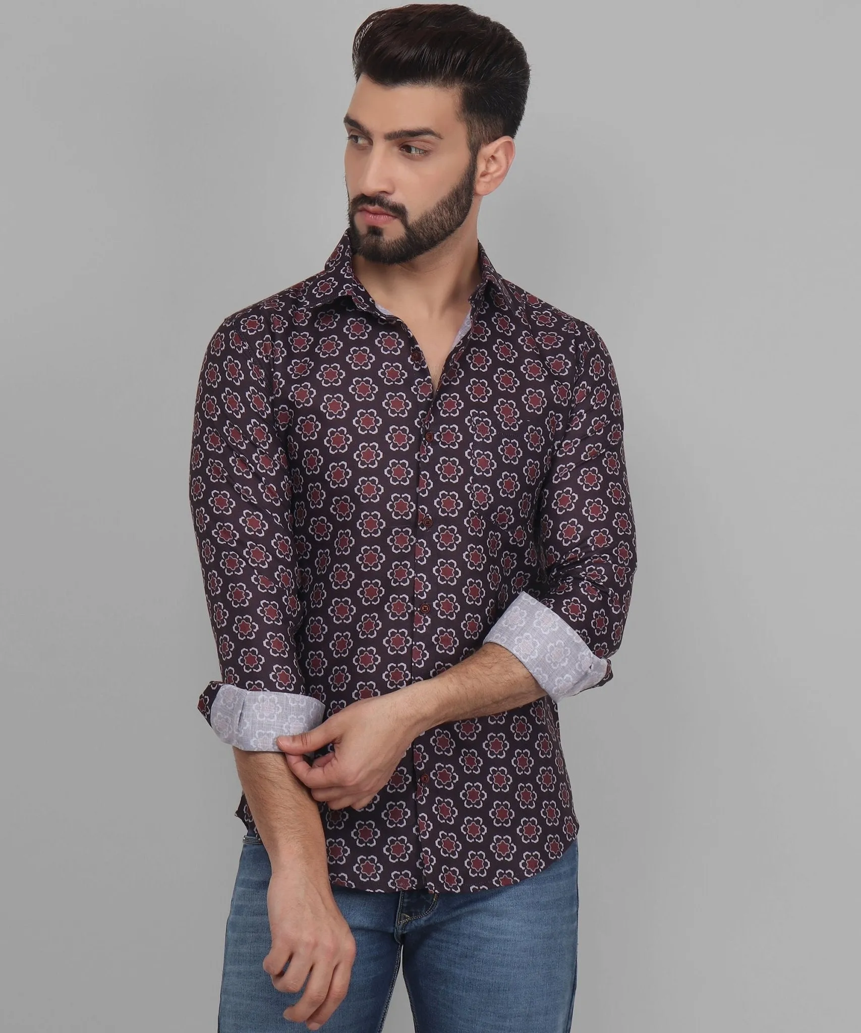 Grande Men's Printed Full Sleeve Cotton Button-Up Shirt For Men