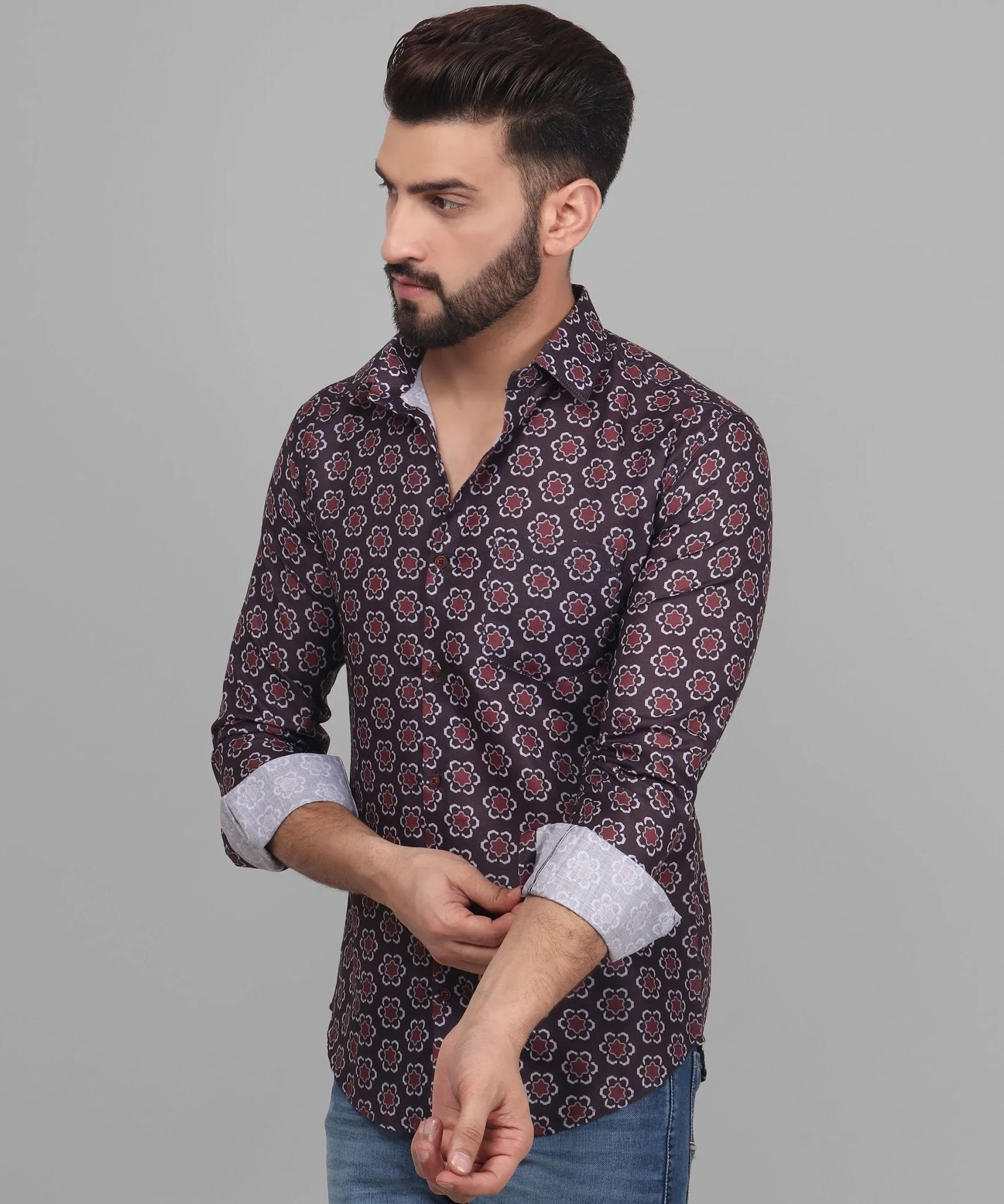 Grande Men's Printed Full Sleeve Cotton Button-Up Shirt For Men