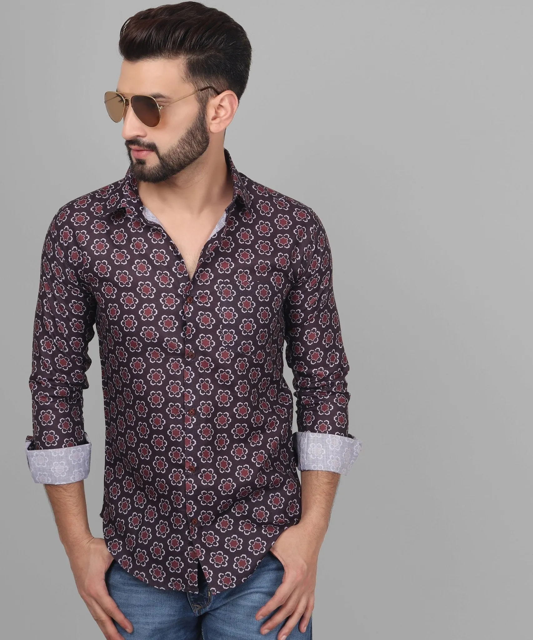 Grande Men's Printed Full Sleeve Cotton Button-Up Shirt For Men