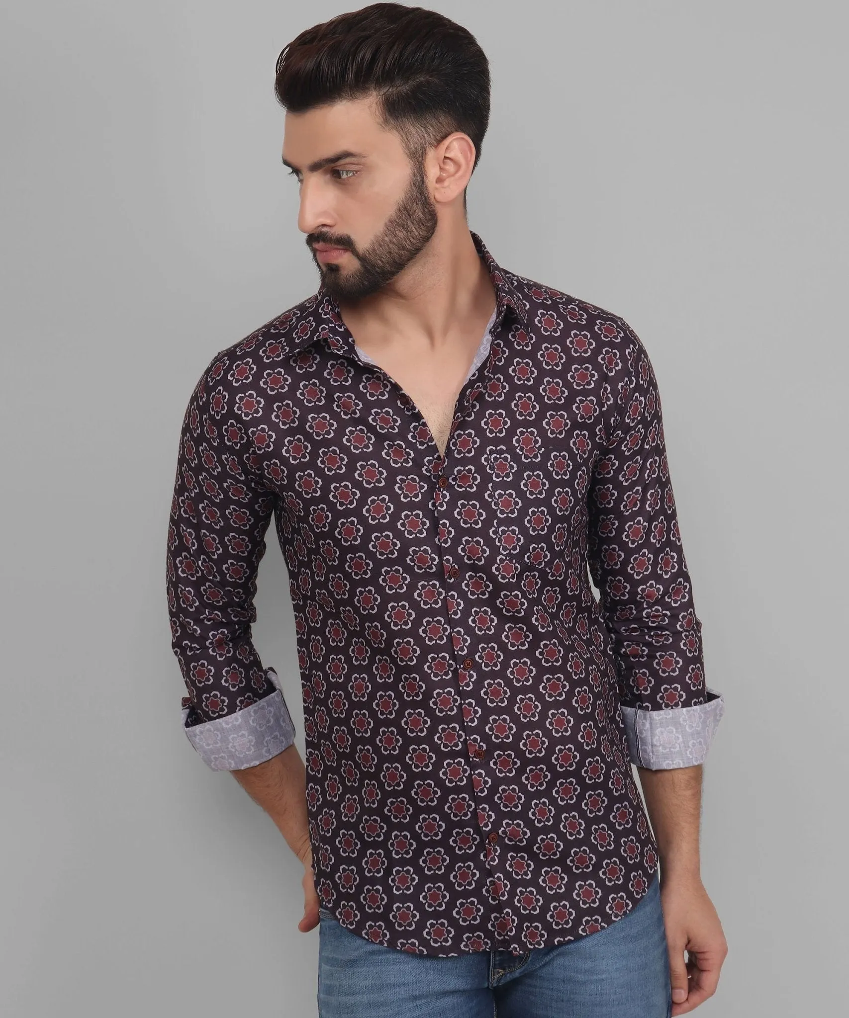 Grande Men's Printed Full Sleeve Cotton Button-Up Shirt For Men