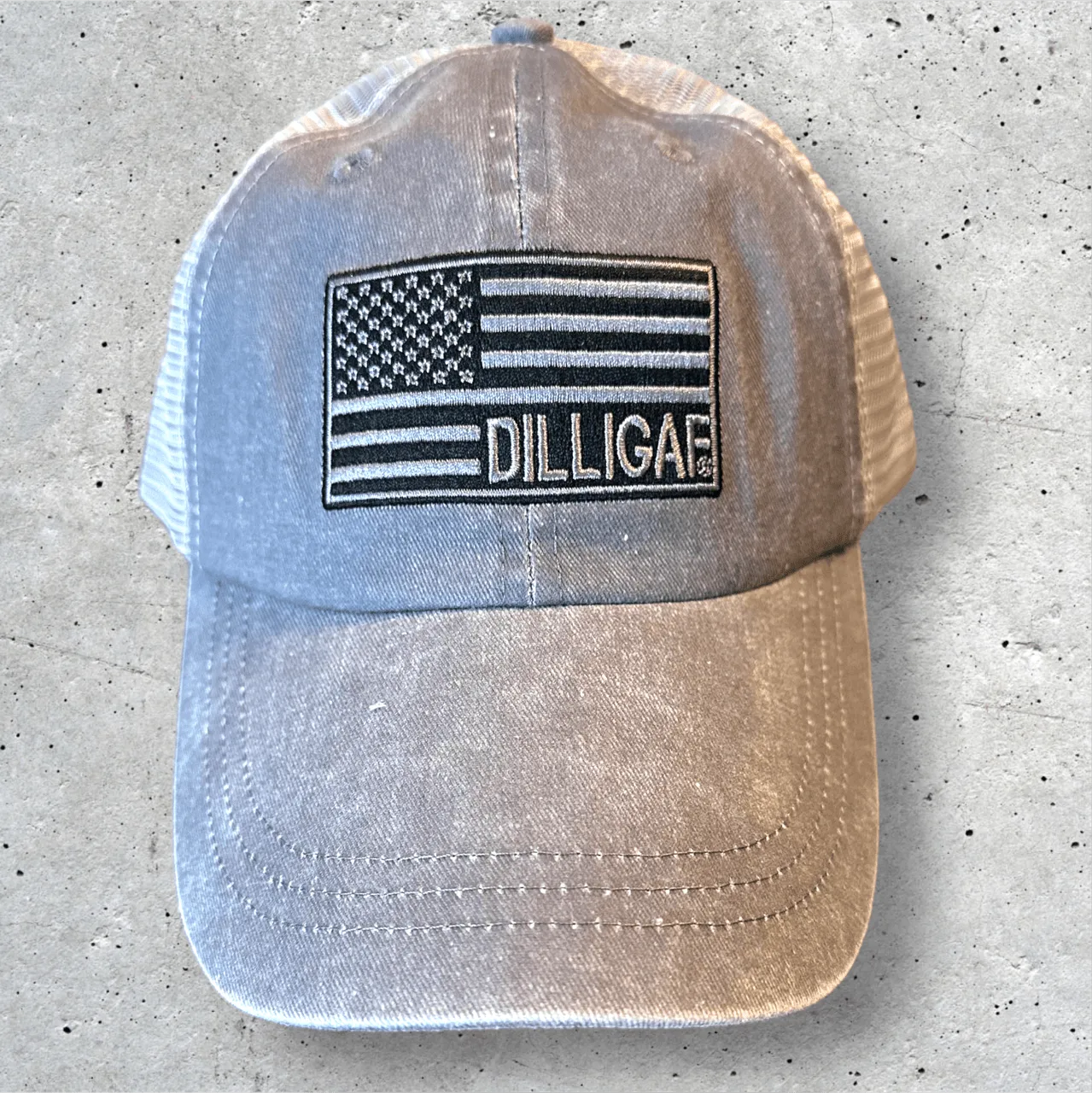 Grey on Grey Mesh Dilligaf Flag Adjustable Hat