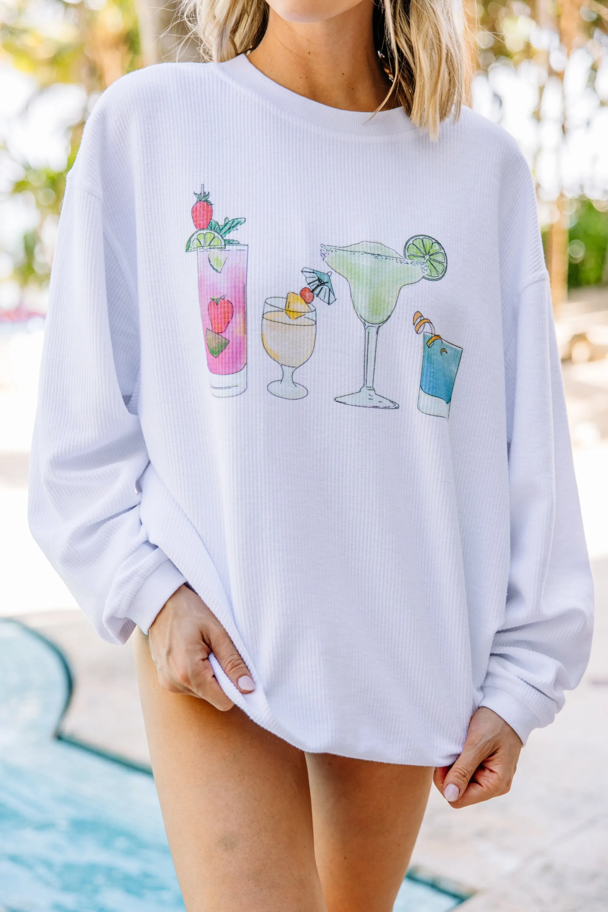 Happy Hour White Graphic Corded Sweatshirt