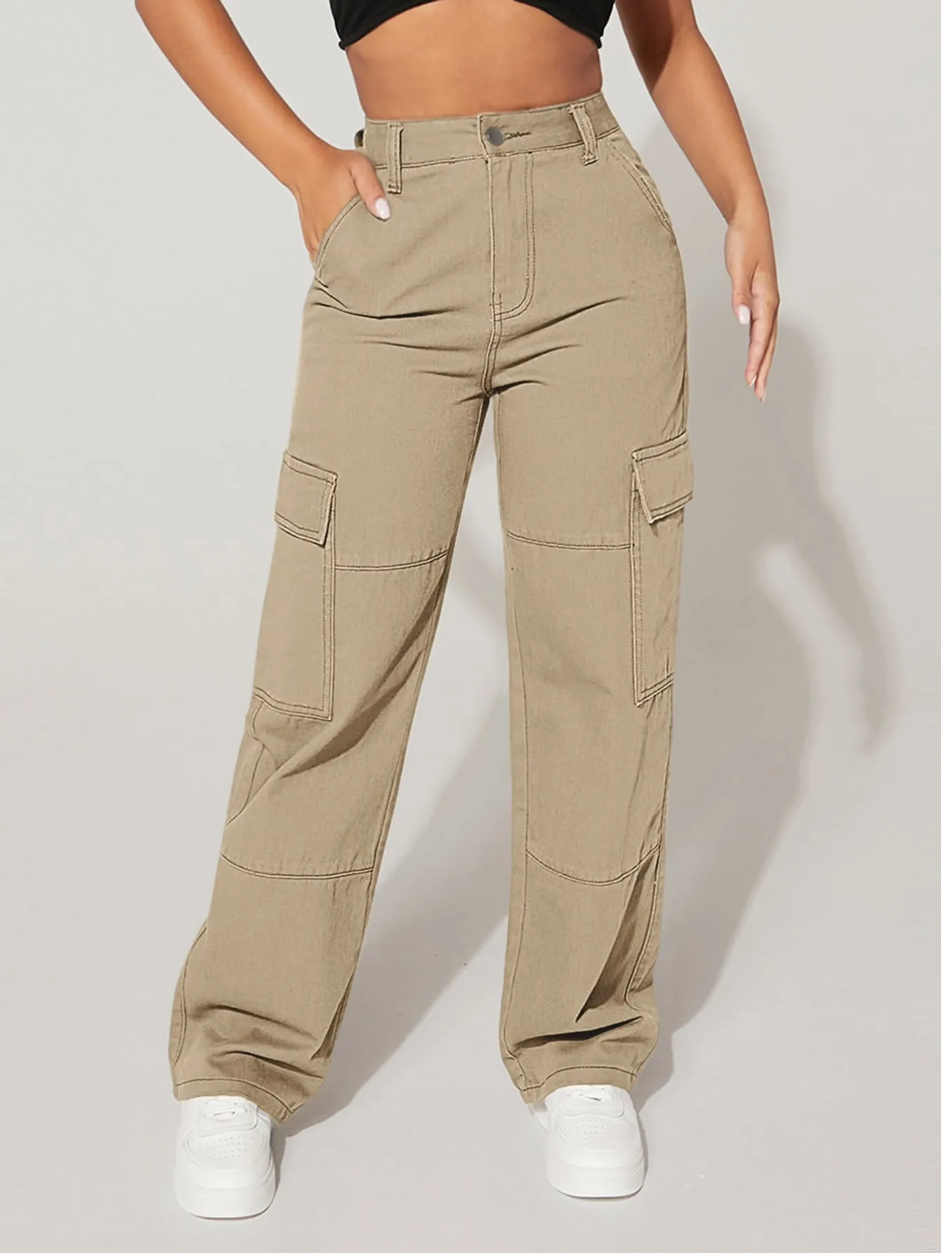 High Waist Flap Pocket Cargo Jeans