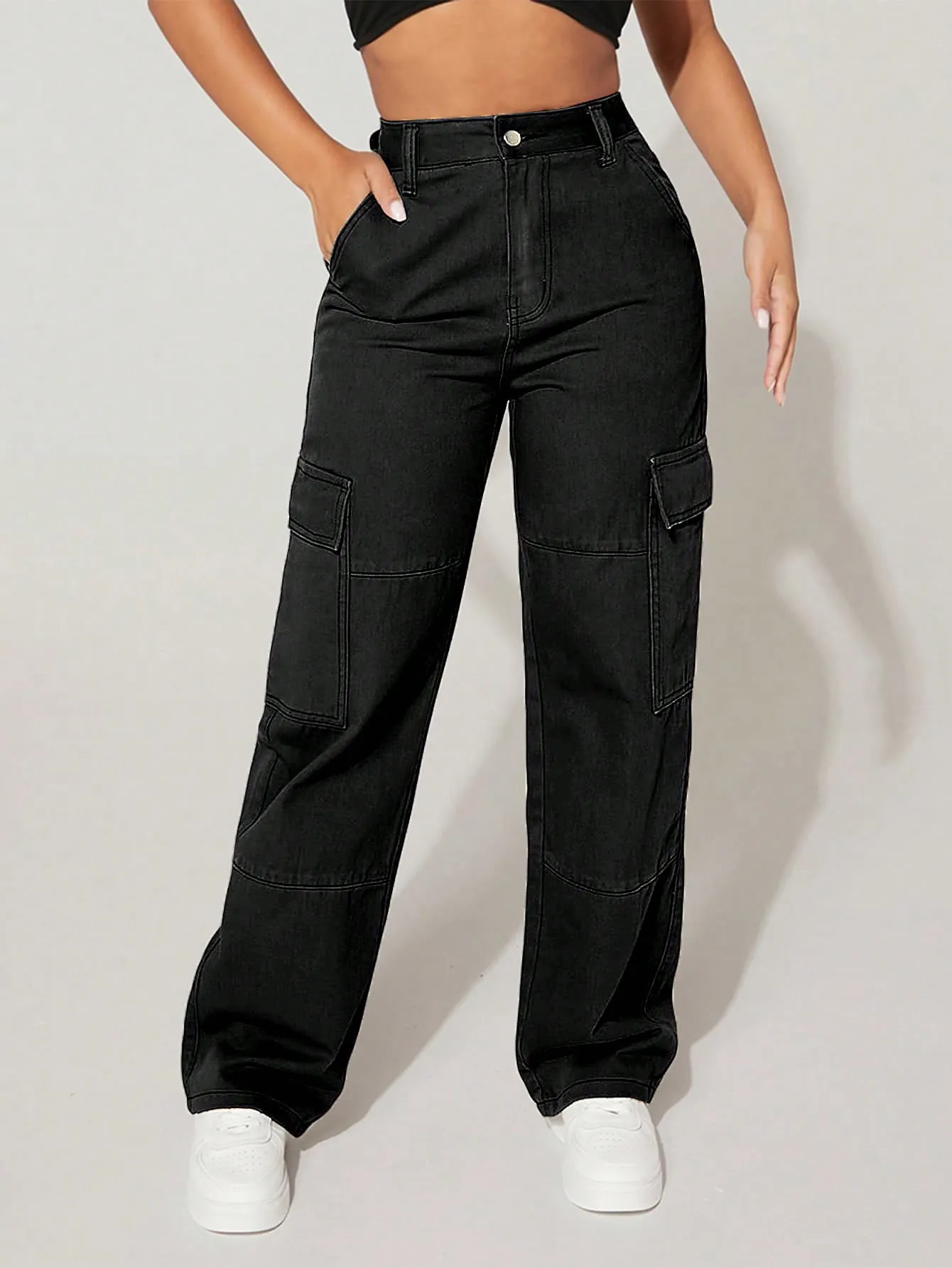 High Waist Flap Pocket Cargo Jeans