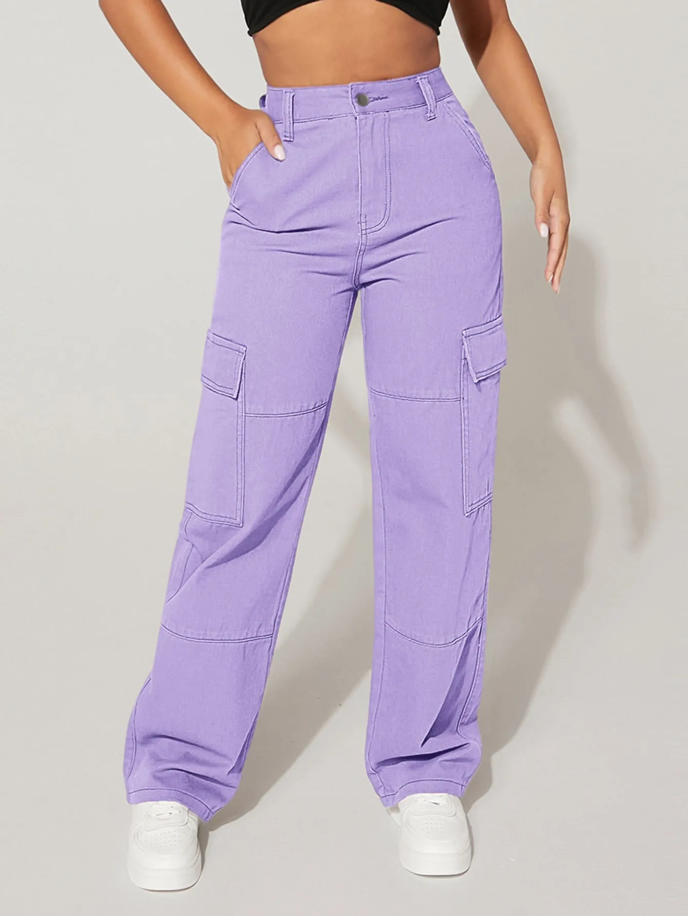 High Waist Flap Pocket Cargo Jeans