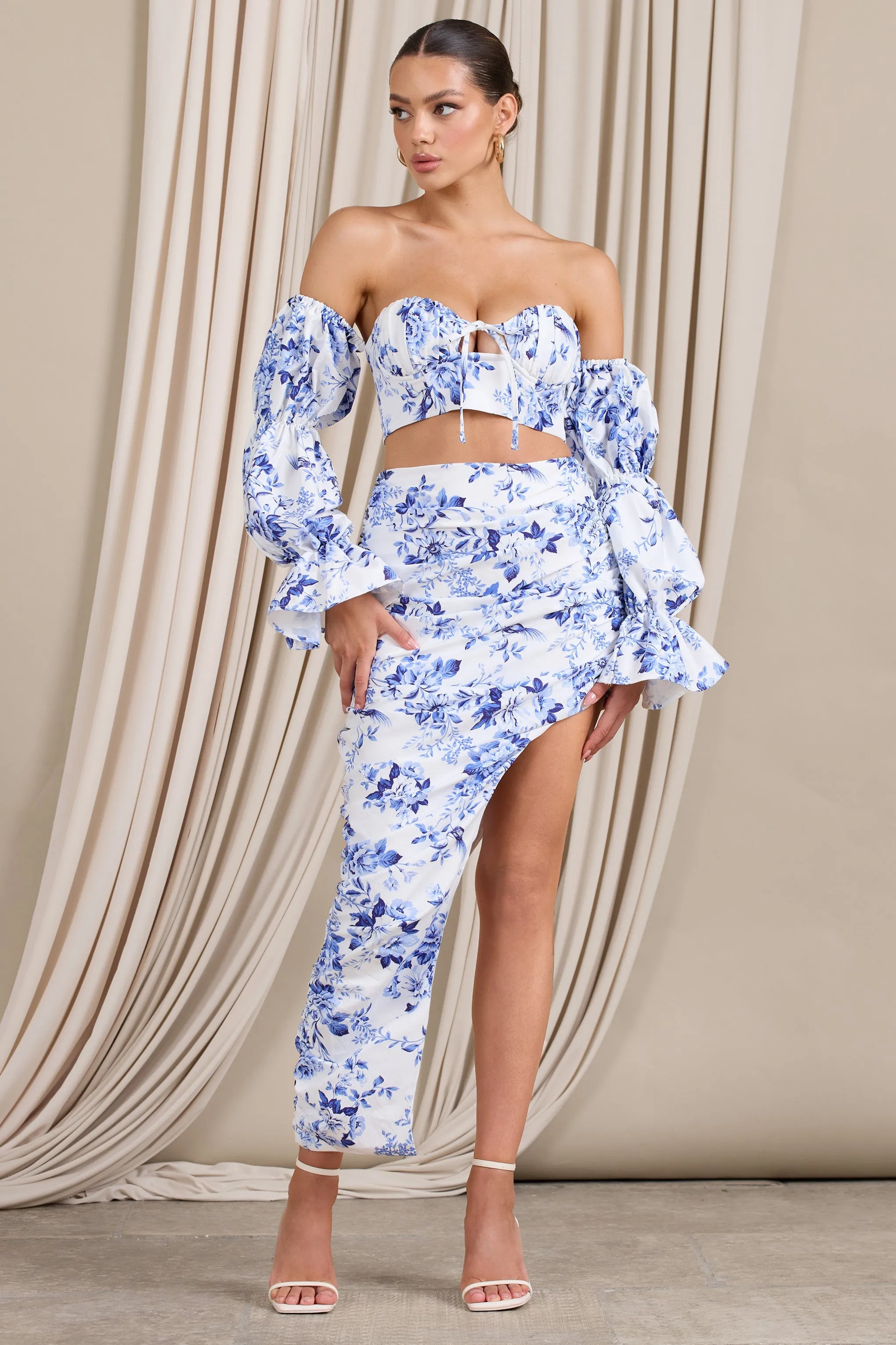 Holiday | Blue Floral Ruched Asymmetric Maxi Skirt