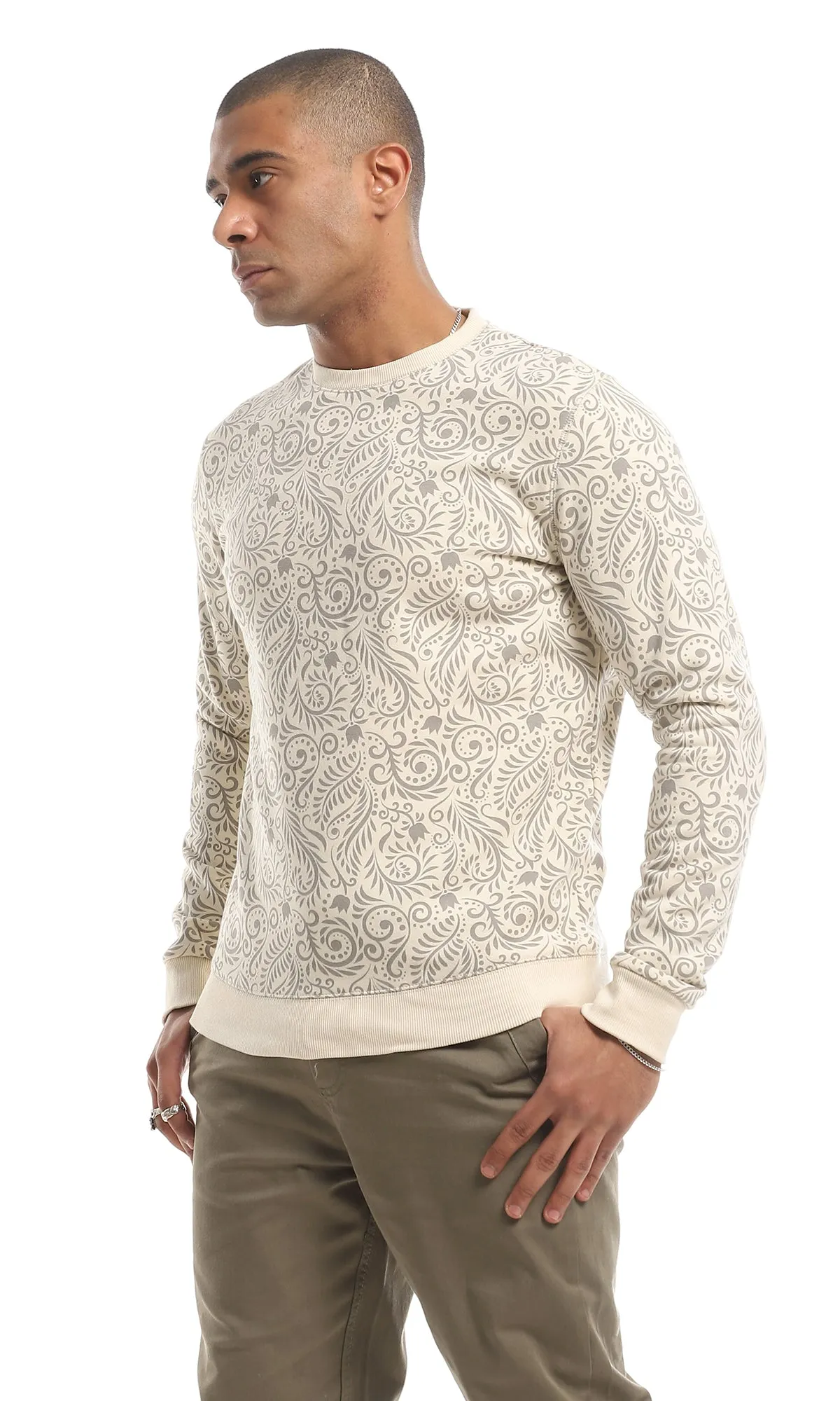 O151530 Lotus Flower & Leaves Slip On Sweatshirt - Beige & Grey