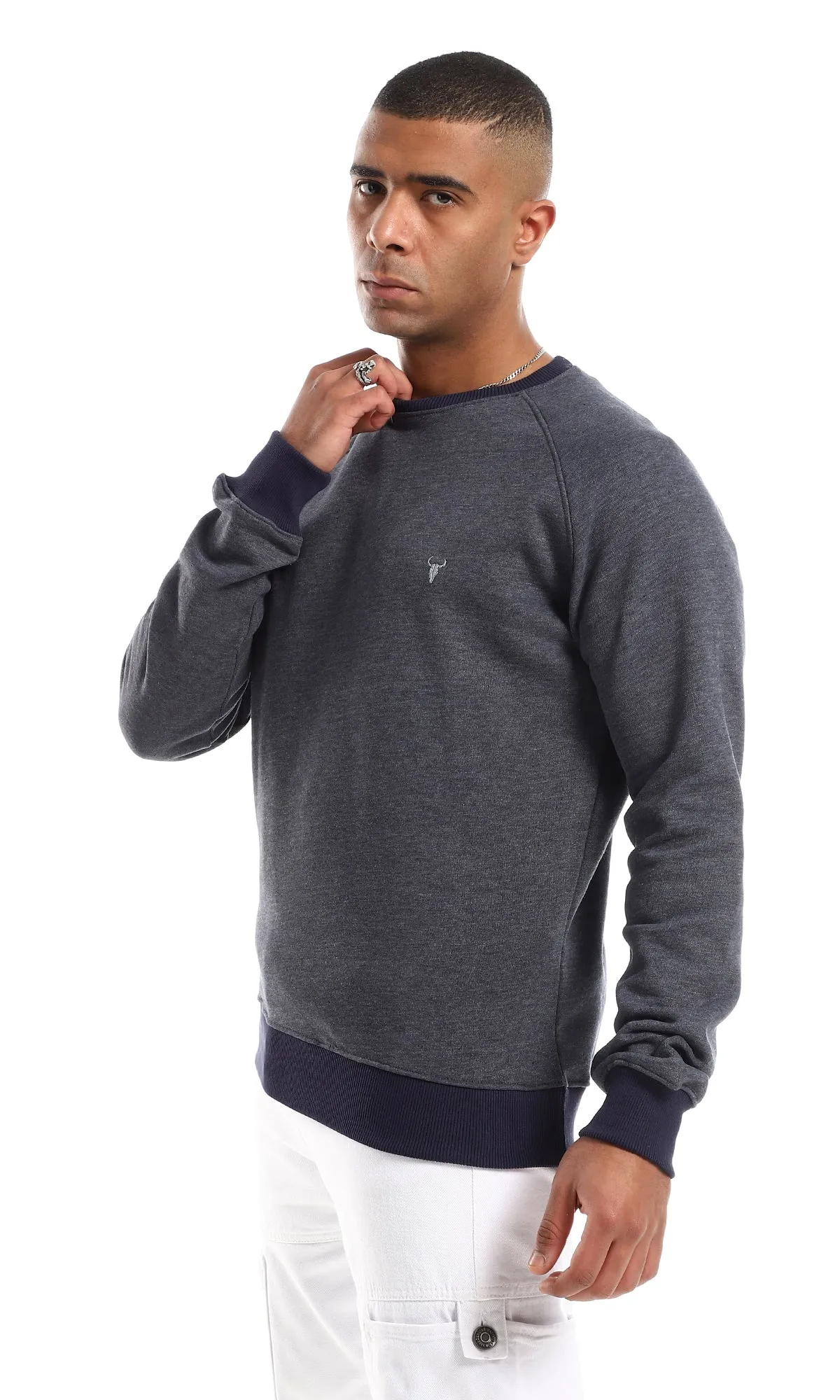 O152801 Ribbed Cole, Cuffs & Hem Slip On Cotton Sweatshirt - Heather Navy Blue