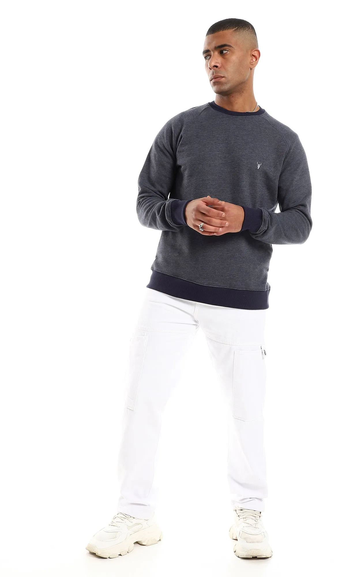 O152801 Ribbed Cole, Cuffs & Hem Slip On Cotton Sweatshirt - Heather Navy Blue