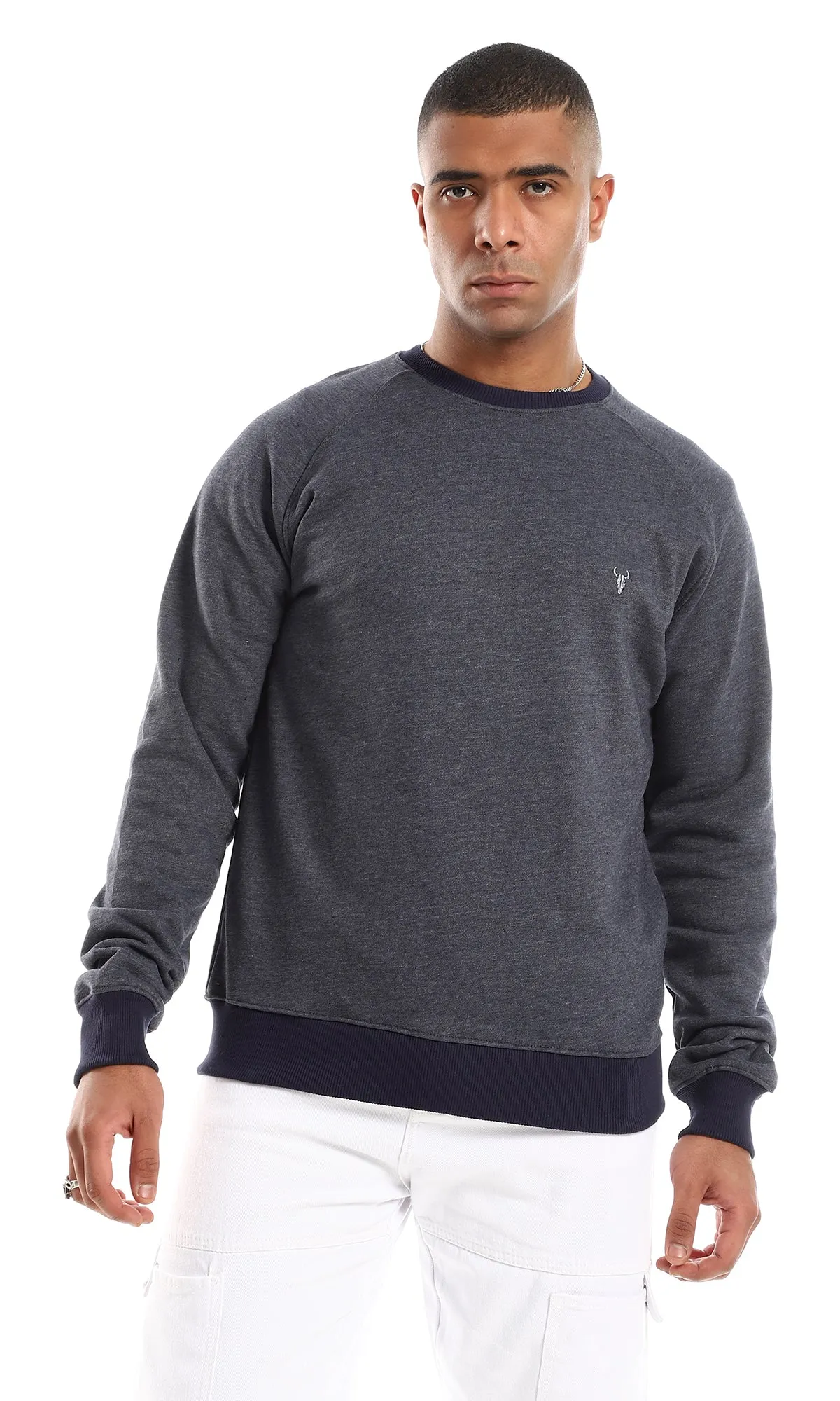 O152801 Ribbed Cole, Cuffs & Hem Slip On Cotton Sweatshirt - Heather Navy Blue