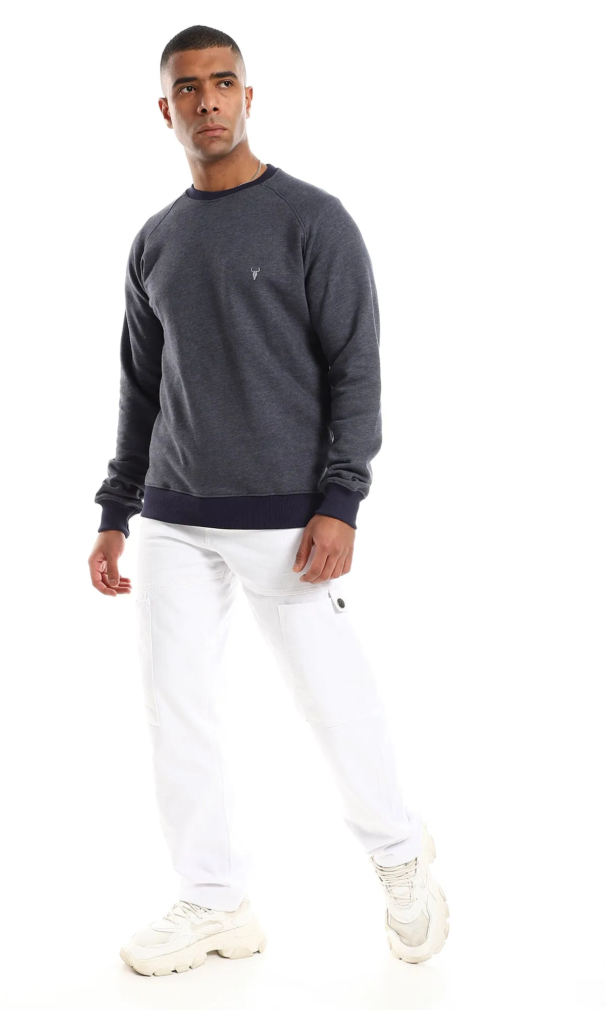 O152801 Ribbed Cole, Cuffs & Hem Slip On Cotton Sweatshirt - Heather Navy Blue