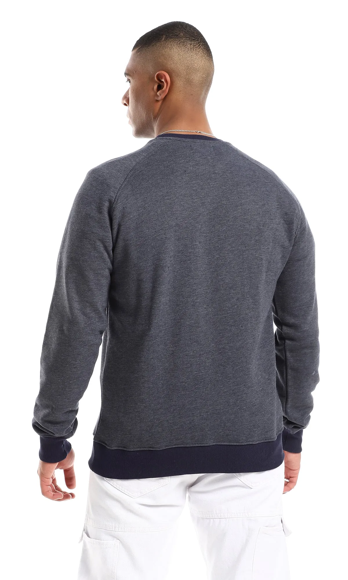 O152801 Ribbed Cole, Cuffs & Hem Slip On Cotton Sweatshirt - Heather Navy Blue