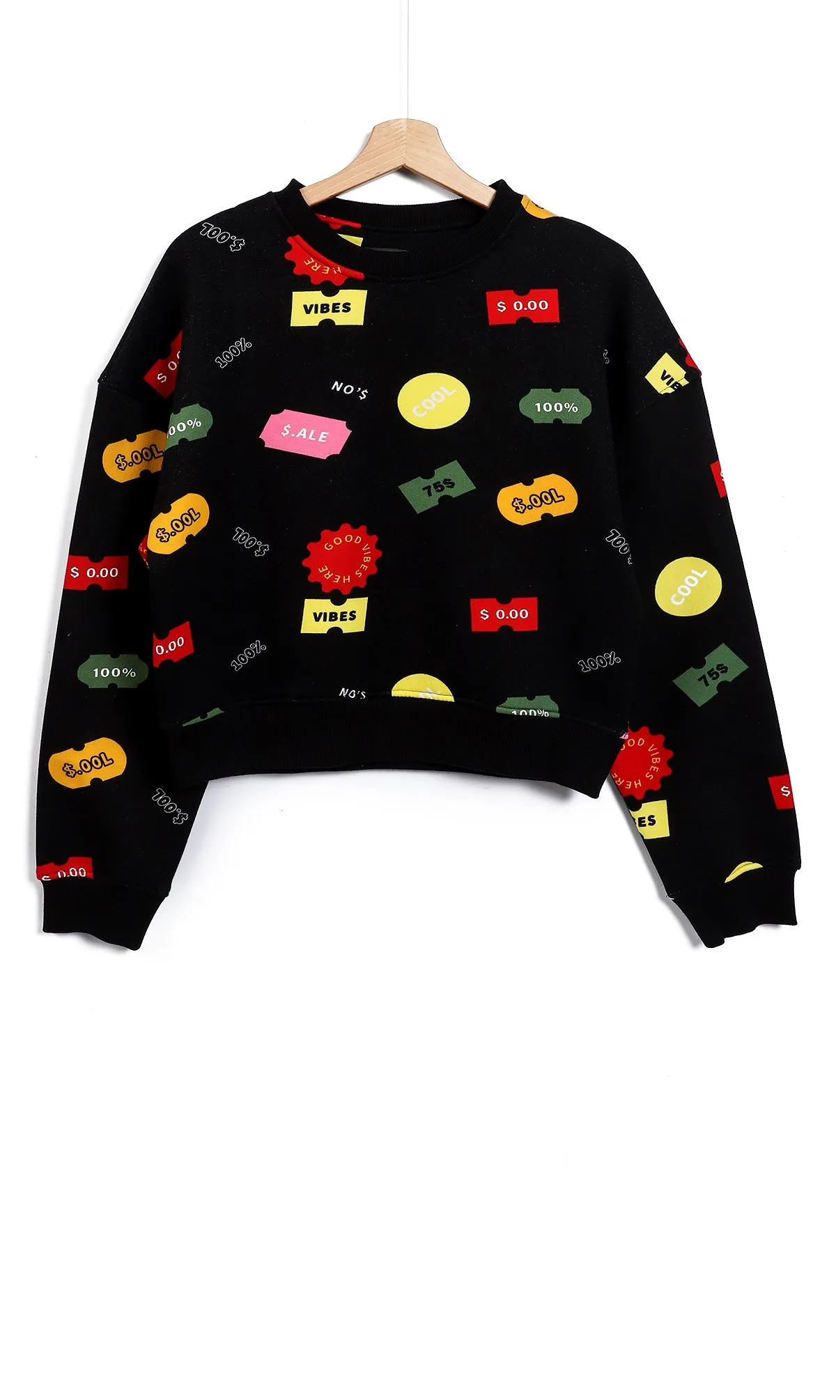 O154500 Good Vibes Printed Cropped Black Long Sleeves Sweatshirt