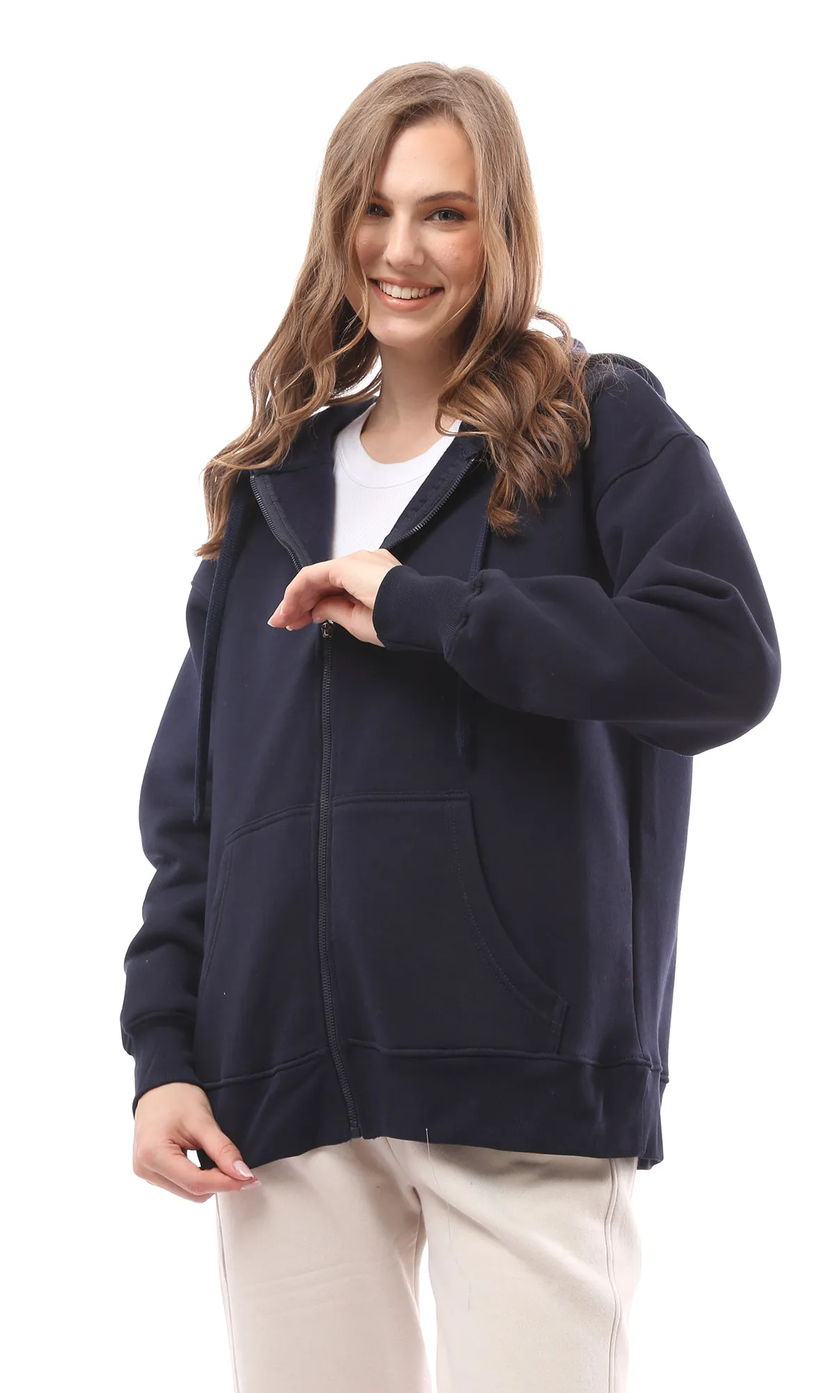 O172208 Front Zipper Solid Navy Blue Sweatshirt