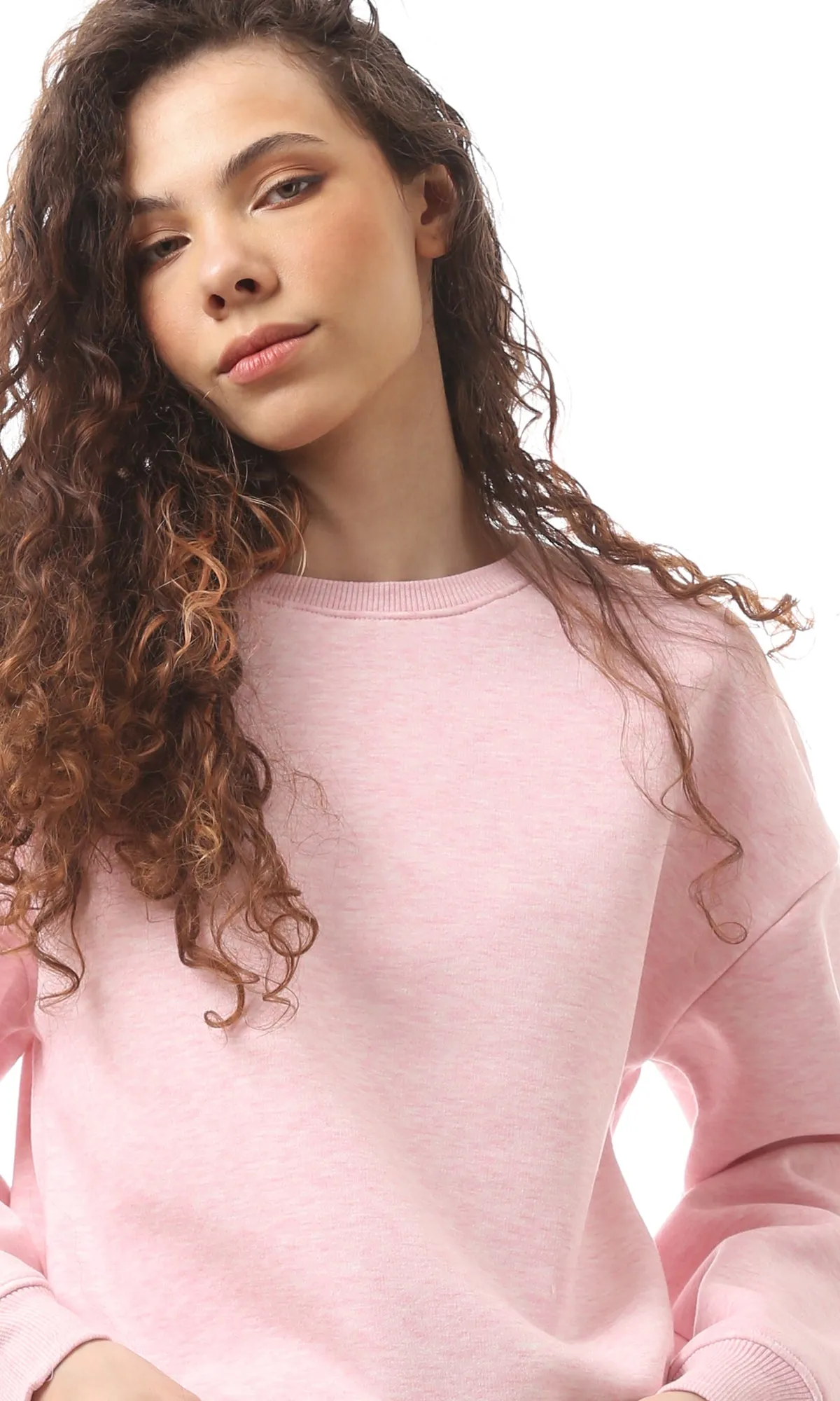 O172713 Heather Light Pink Slip On Round Neck Sweatshirt