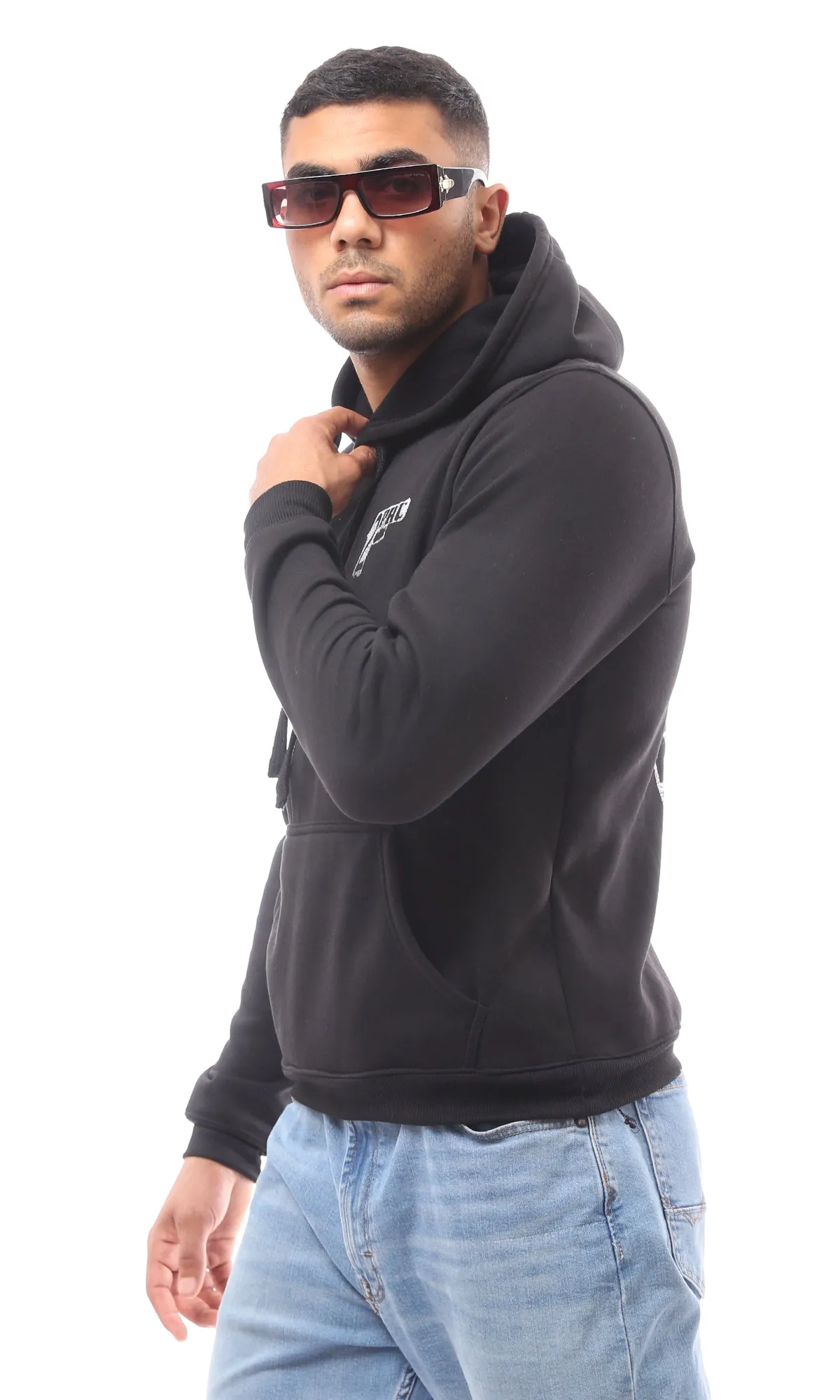 O173696 Front Simple Print Black Hoodie With Inner Fleece