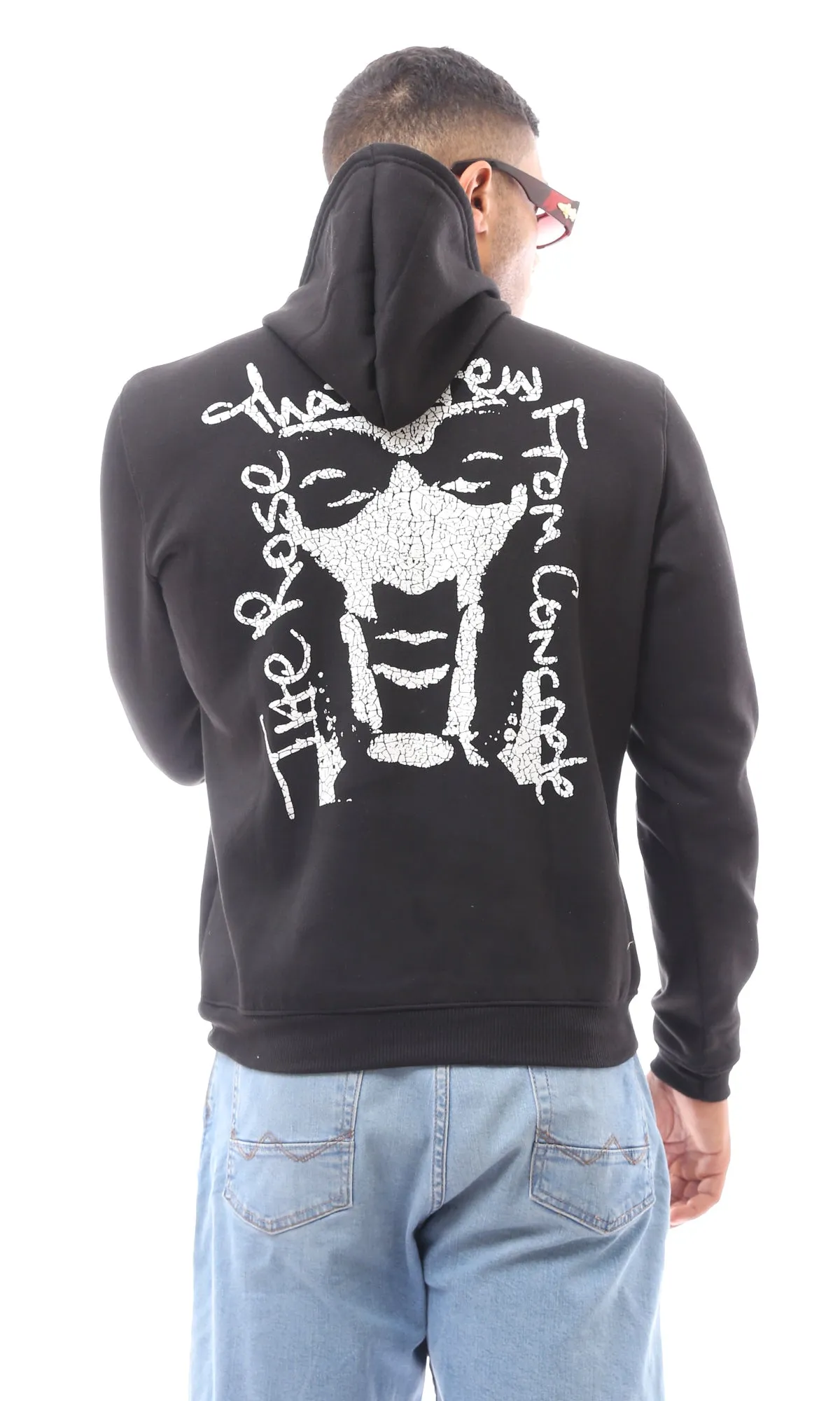 O173696 Front Simple Print Black Hoodie With Inner Fleece