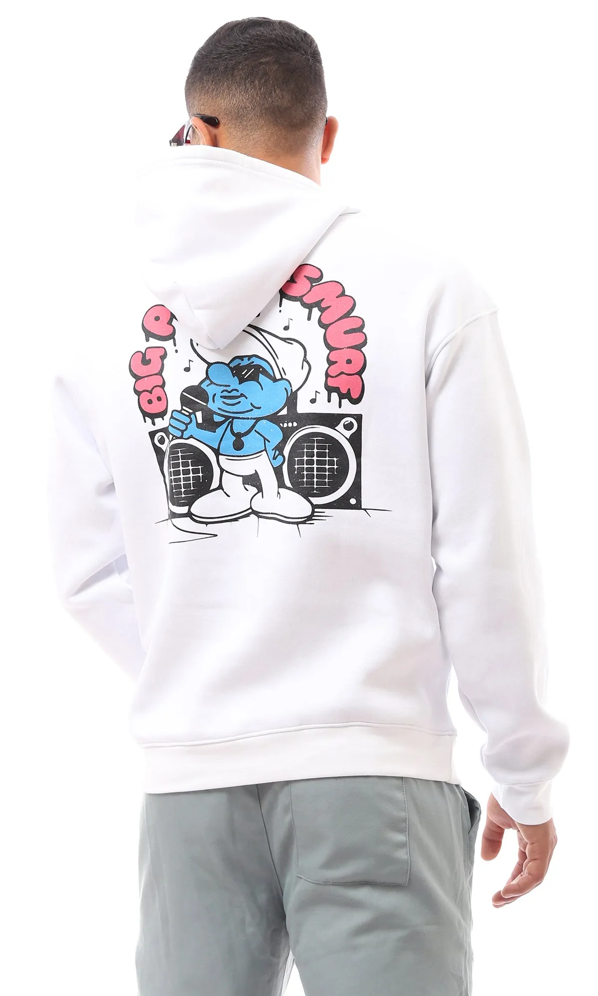 Cozy Long Sleeve White Hoodie Featuring Colorful Smurf Print