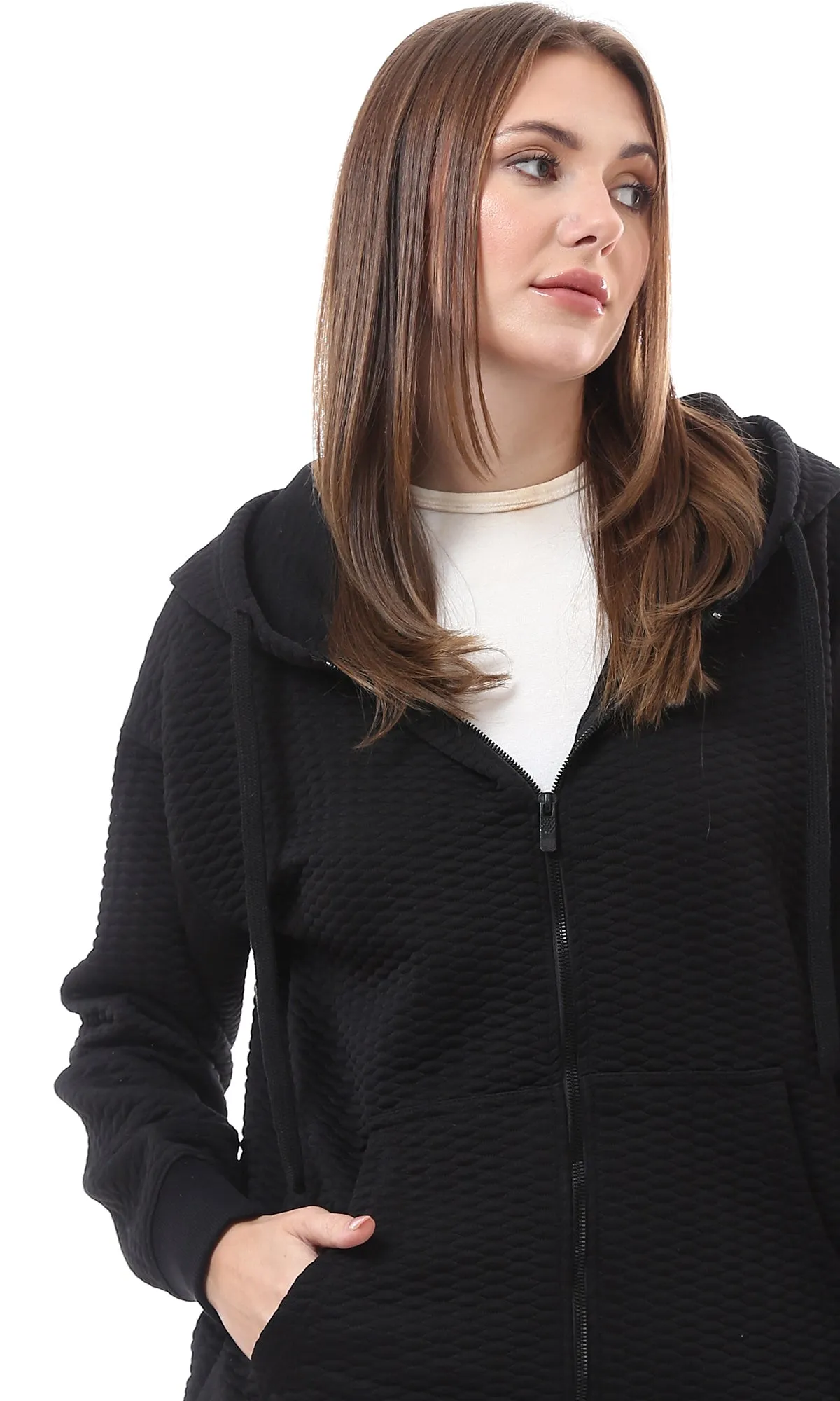 O175014 Hooded Neck With Drawstring Black Stitched Sweatshirt