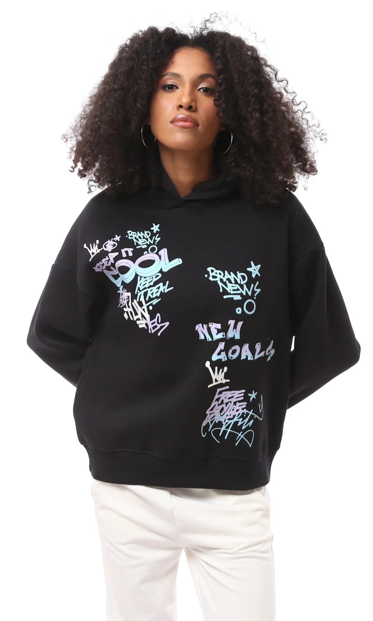 O175063 "New Goals" Printed Slip O Coziness Hoodie - Black