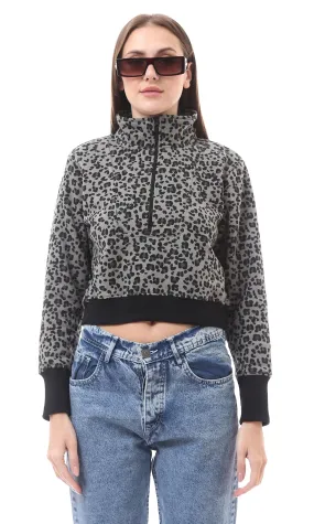 O175446 Grey & Black Leopard Zipped Neck Sweatshirt