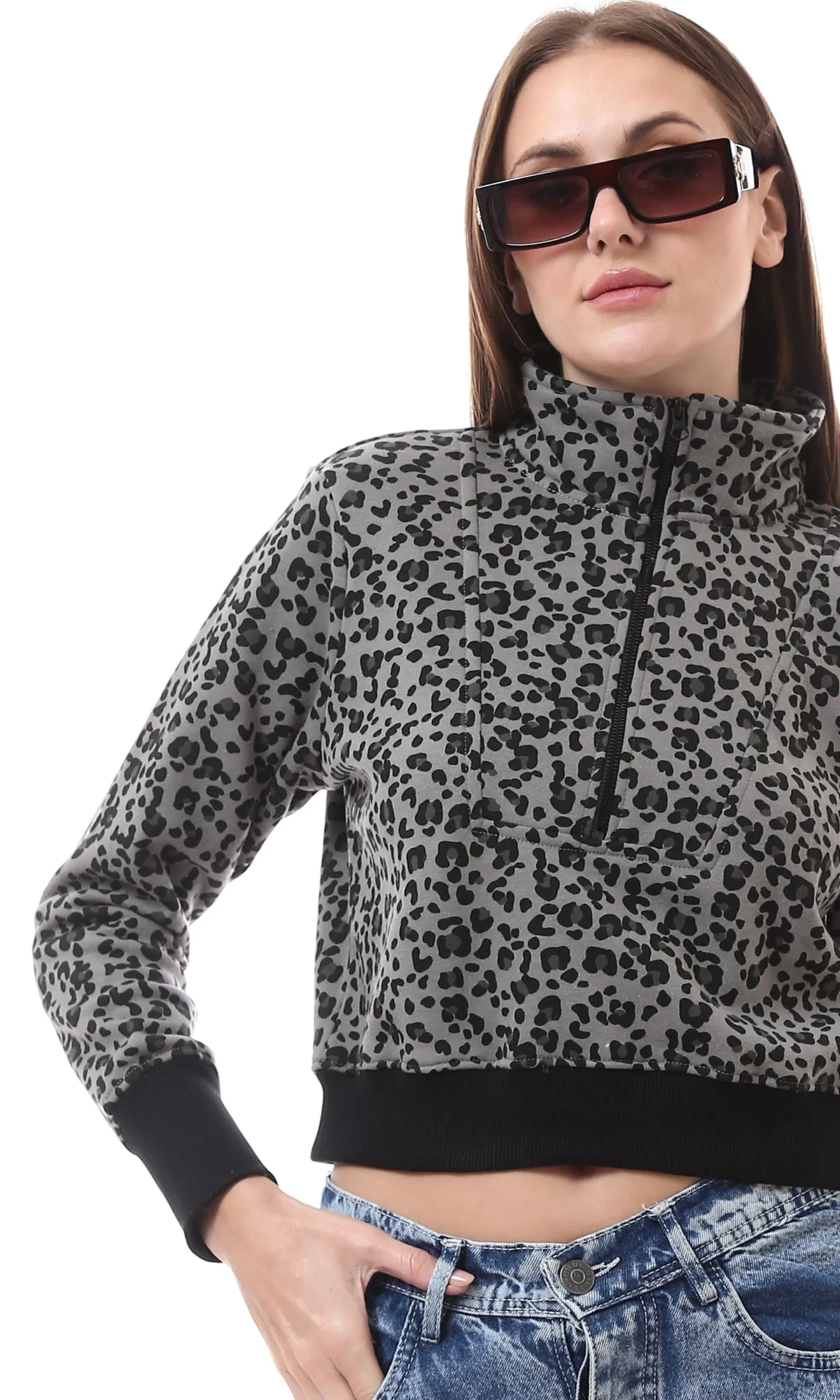 O175446 Grey & Black Leopard Zipped Neck Sweatshirt