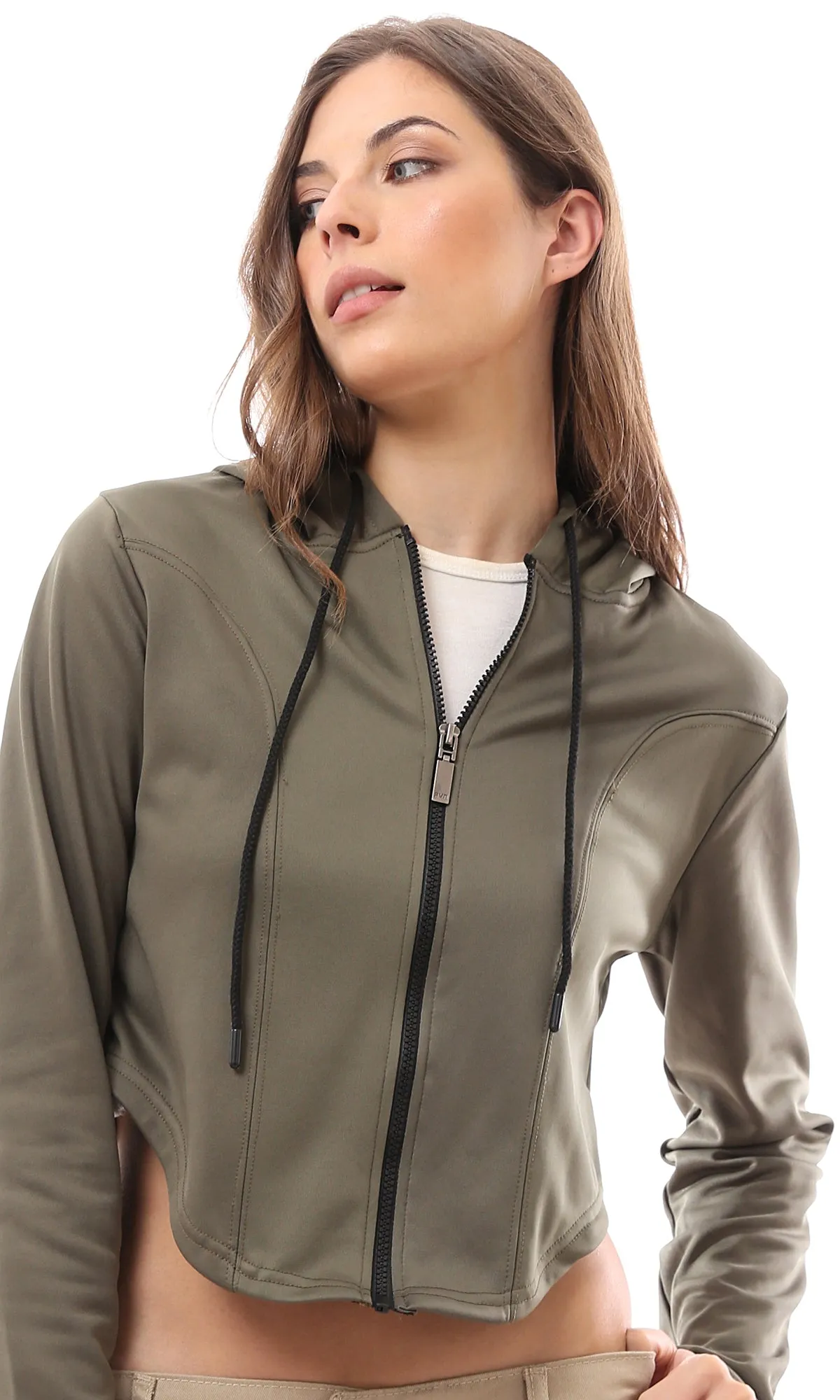 O175680 Hooded Neck With Drawstring Olive Sweatshirt