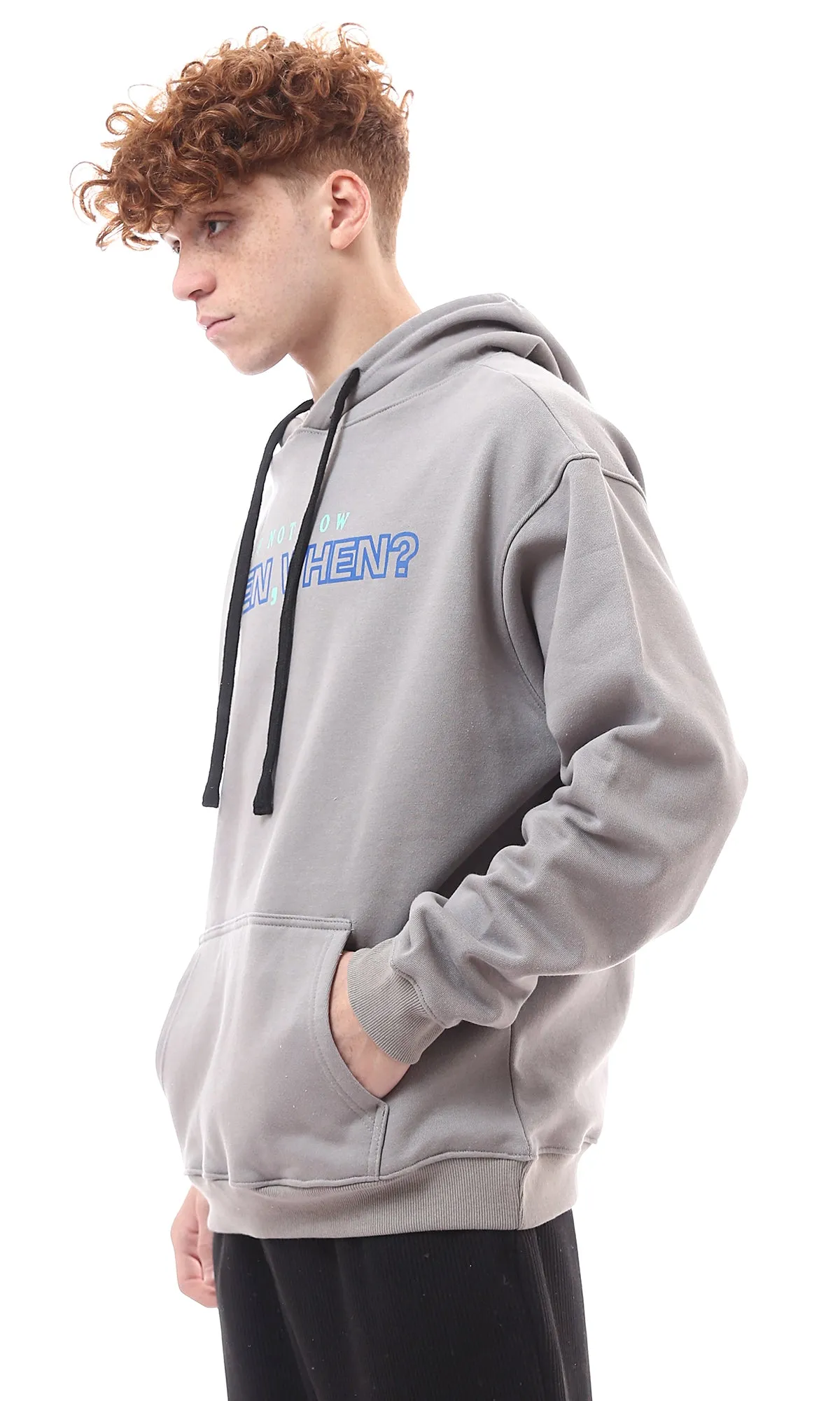 O175769 Casual Printed Hoodie With Kangaroo Pocket - Medium Grey