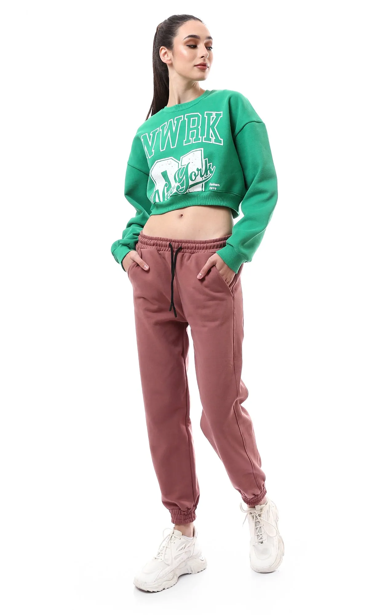 O176245 Green Coziness Cropped Sweatshirt With Elastic Hem