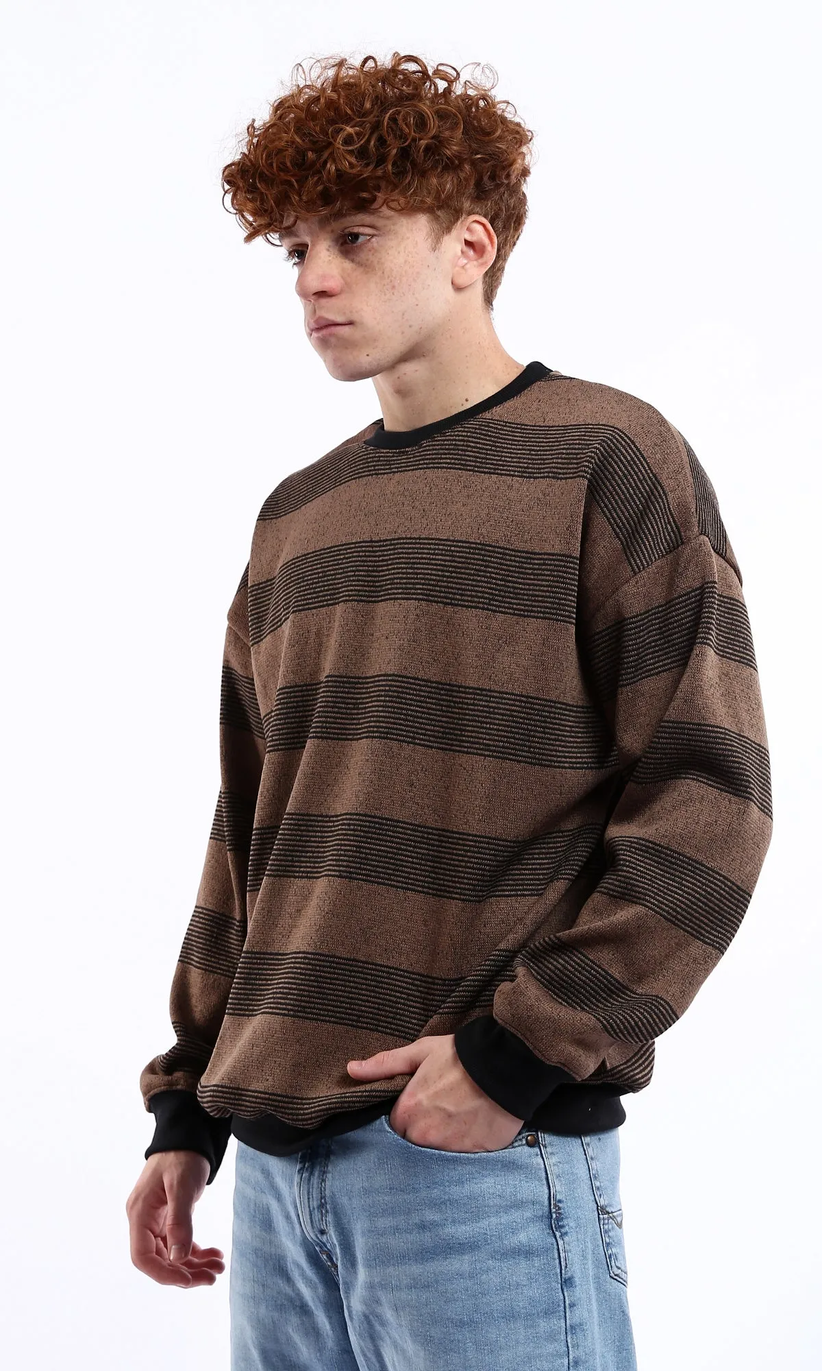 O177882 Light Brown & Black Striped Slip On Sweatshirt